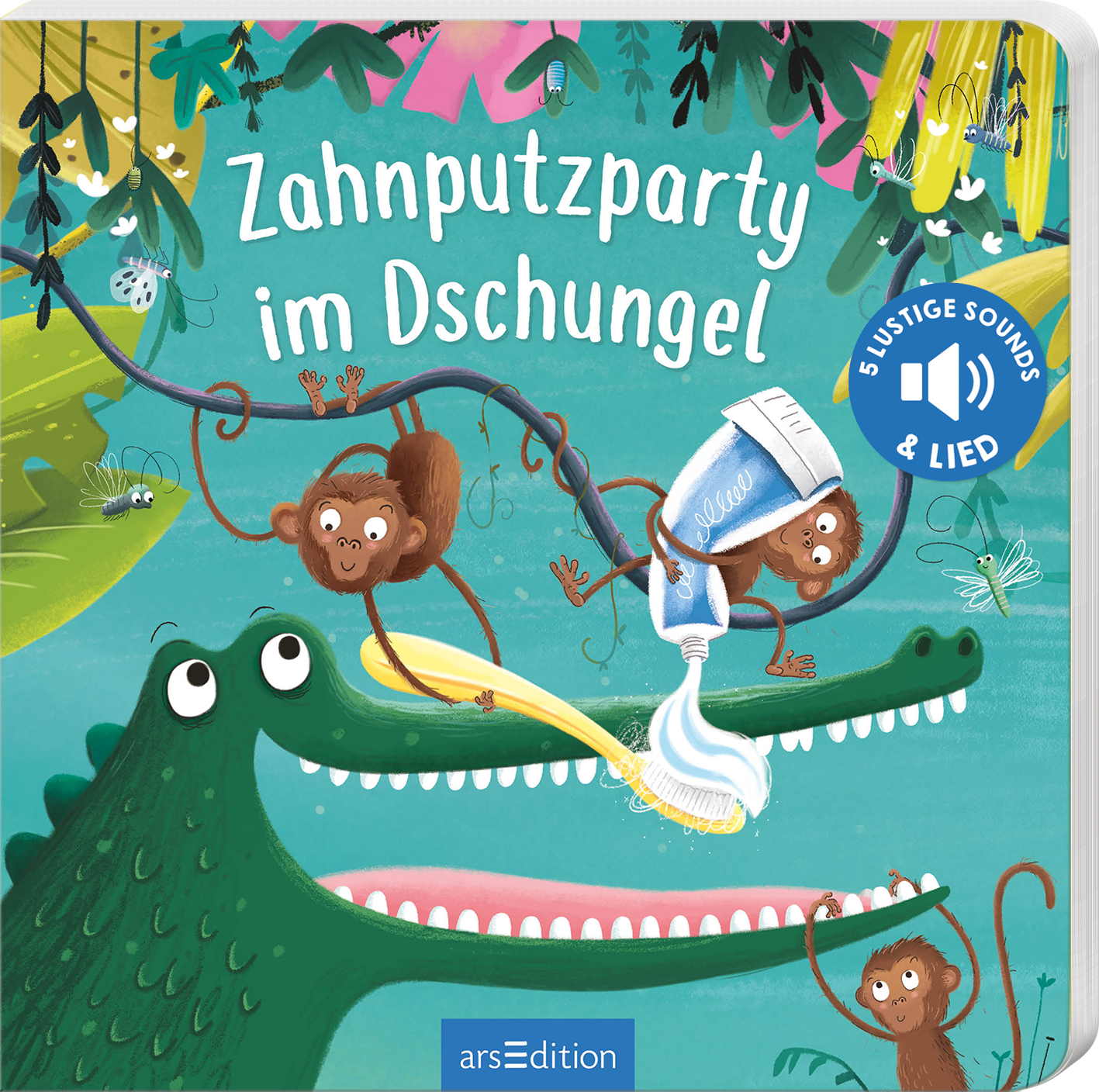 Auf dem bunten Cover „Zahnputzparty im Dschungel“ sind lebendige, spielende Affen und ein freundlicher Krokodilkopf dargestellt. Die Affen halten eine Zahnbürste und eine Tube Zahnpasta, während der Hintergrund in frischen Grüntönen mit verschiedenen Pflanzen gestaltet ist. Der Titel ist in weißen, verspielten Buchstaben auf hellblauem Grund geschrieben. Oben rechts befindet sich ein blauer Button mit dem Text „5 lustige Sounds & Lied“. Ganz unten mittig steht der...