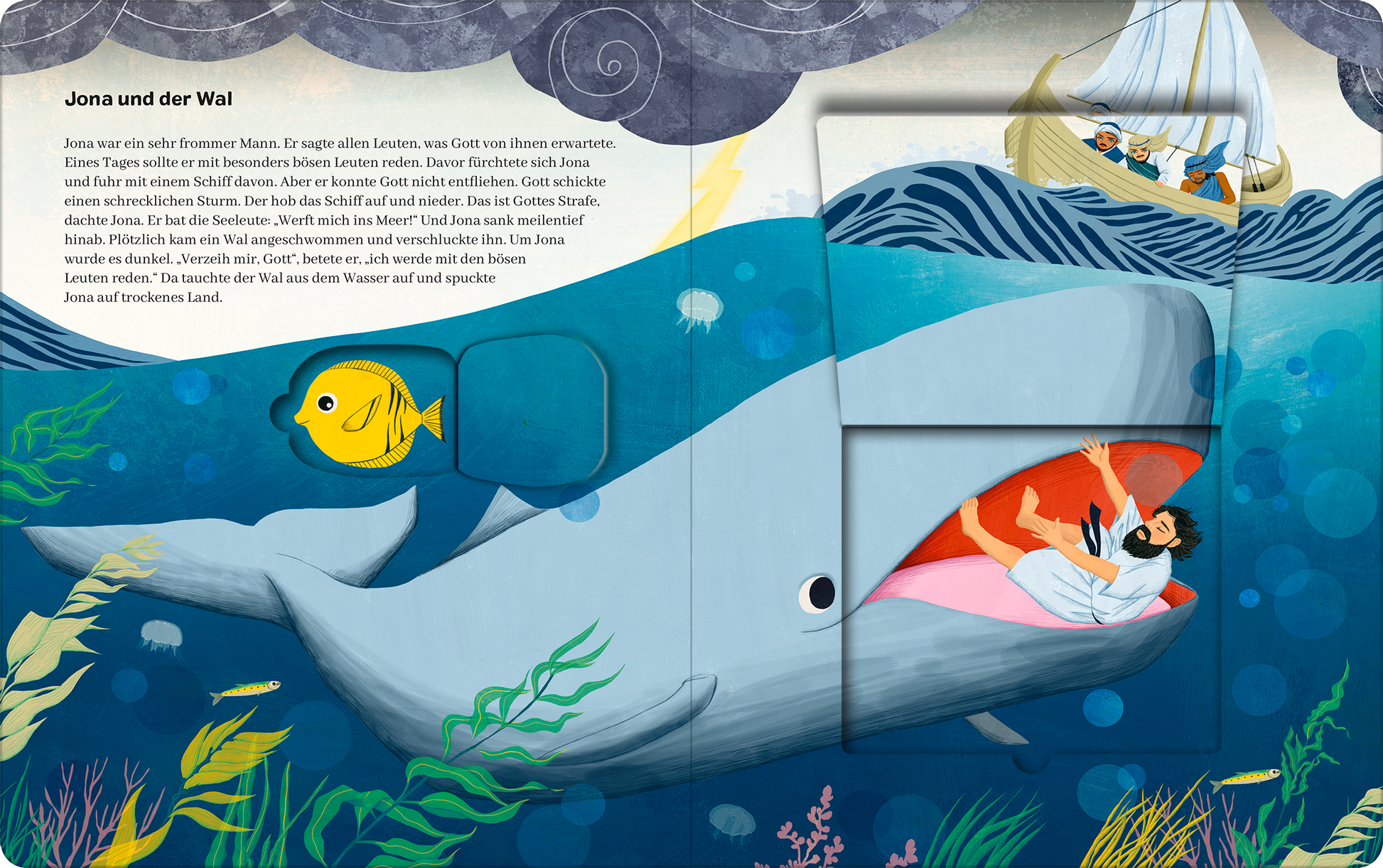Gezeigt wird eine Innenansicht von „Meine große Taufbibel mit Klappen“. Die Seite illustriert die biblische Geschichte von Jona und dem Wal in lebendigen Blautönen. Im Vordergrund ist ein großer, freundlicher Wal abgebildet, der Jona mit einem rot-gekleideten Schiff sowie einem gelben Fisch begleitet. Oben befinden sich Wolken und ein Segelschiff. Der Text ist in klarer, gut lesbarer Schriftart platziert und ergänzt die farbenfrohe und kindgerechte Darstellung.
