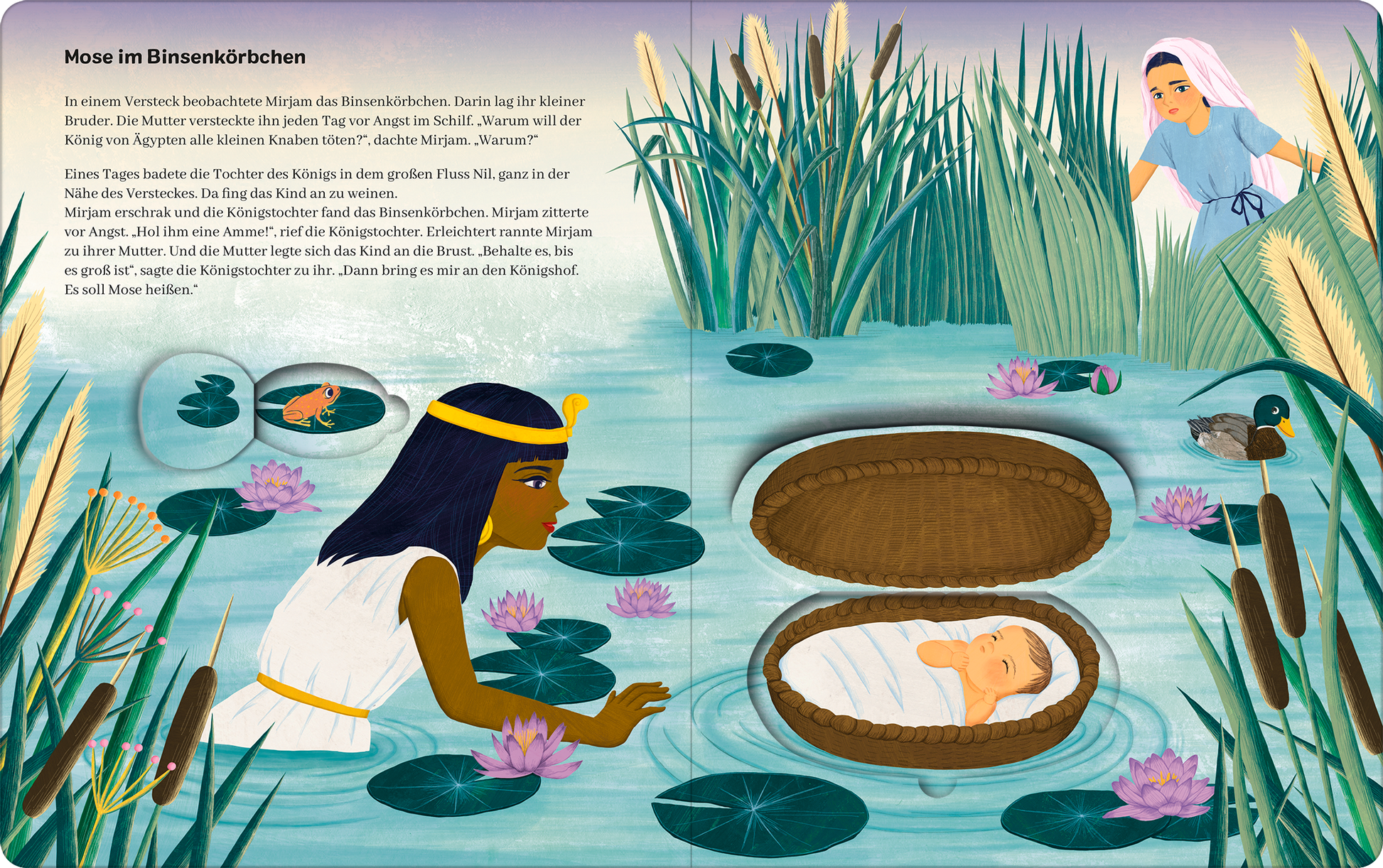 Gezeigt wird eine Innen- oder Zusatzansicht von „Meine große Taufbibel mit Klappen“. Die Illustration zeigt eine Szene am Nil mit der Tochter des Pharao, die ein Binsenkörbchen entdeckt, in dem ein Baby liegt. Die Farben sind leuchtend und vielfältig, mit sanften Blau- und Grüntönen des Wassers und bunten Lilien. Die typografische Gestaltung ist verspielt und kindgerecht, ergänzt durch gelungene, kreative Bilddetails, die die Geschichte lebendig machen.