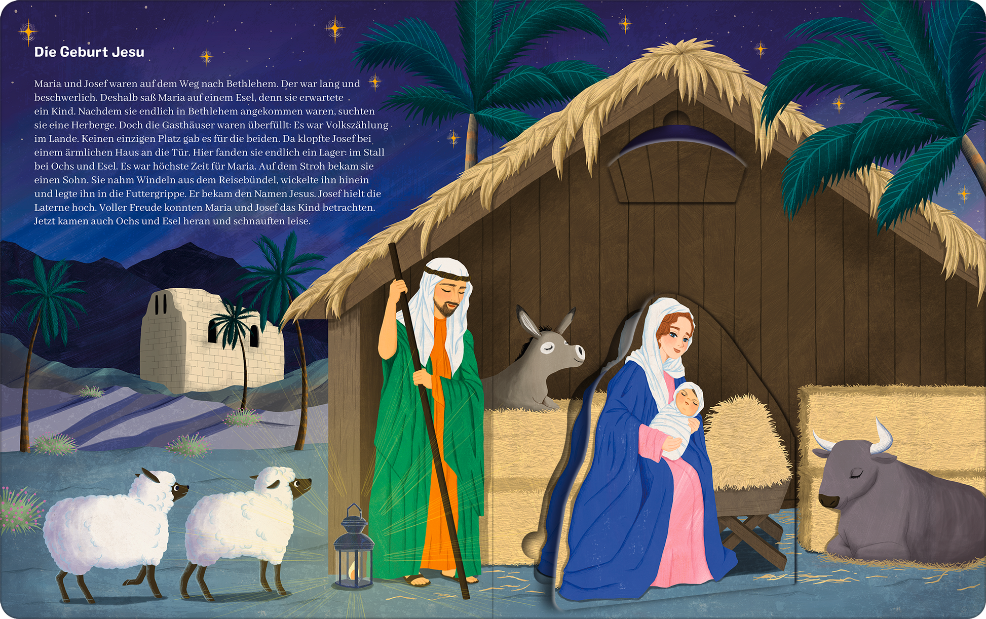 Gezeigt wird eine Innen- oder Zusatzansicht von „Meine große Taufbibel mit Klappen“. Die Illustration zeigt die Szene der Geburt Jesu, mit Maria und Josef in traditioneller Kleidung. Dominierende Farben sind sanfte Töne in Blau, Grün und Erdtönen, die eine ruhige, friedliche Atmosphäre schaffen. Die Typografie ist klar und gut lesbar, mit einem Titel in serifenloser Schrift, der die Handlung beschreibt. Um die Figuren herum sind ein Esel, Schafe und Palmen zu sehen, die das ländliche...