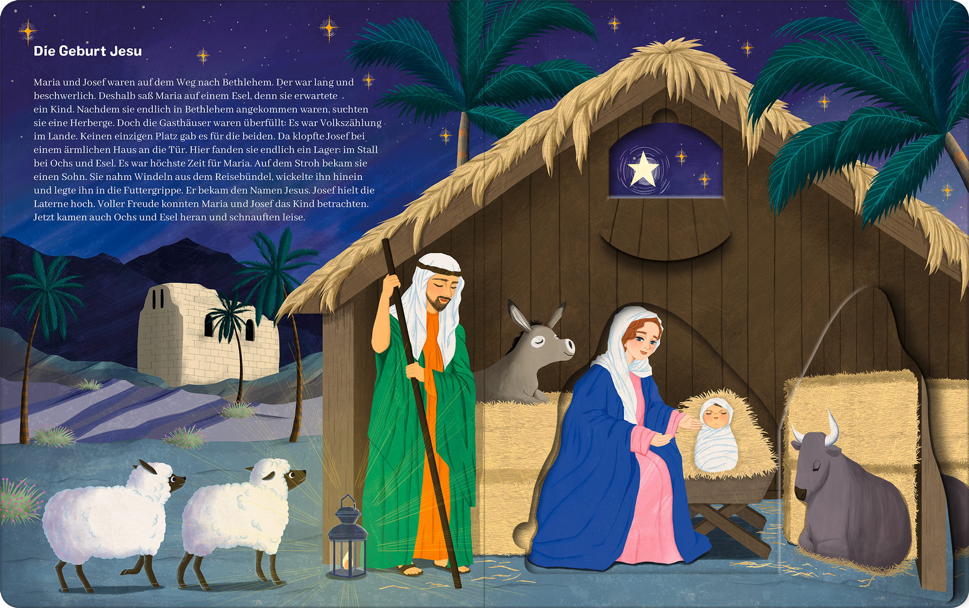 Gezeigt wird eine Innen- oder Zusatzansicht von „Meine große Taufbibel mit Klappen“. Die Illustration zeigt die Geburt Jesu in einem Stall, umgeben von Palmen. Maria sitzt in einem blauen Gewand, Josef steht neben ihr in einem grünen Gewand. Ein Esel und eine Kuh sind ebenfalls zu sehen, während Schafe im Vordergrund grasen. Sanfte Farben wie Blau, Beige und Erdtöne dominieren die Szene, und die Schrift ist in klarer, gut lesbarer Typografie gestaltet. Ein Stern leuchtet über dem Stall.