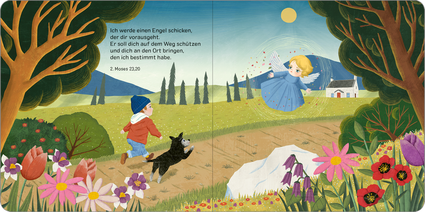 Gezeigt wird eine Innen- oder Zusatzansicht von „Gott, ich danke dir für diesen Tag“. Die Illustration zeigt einen Jungen in einem roten Oberteil mit blauer Mütze, der fröhlich einem schwarzen Hund hinterherläuft. Im Hintergrund fliegen ein Engel und eine Sonne über sanfte Hügel. Blumen in leuchtenden Farben wie Rot, Lila und Gelb umranden die Szenerie. Der Text in der oberen linken Ecke ist in klarer, gut lesbarer Schrift gehalten und vermittelt eine Botschaft der Hoffnung und des...