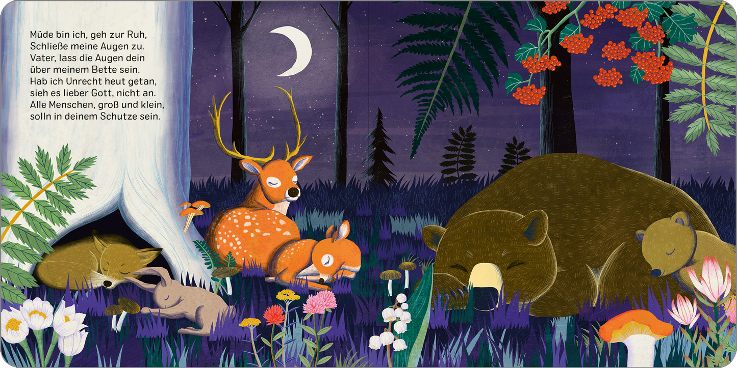 Gezeigt wird eine Innen- oder Zusatzansicht von „Gott, ich danke dir für diesen Tag“. Die Illustration zeigt eine beruhigende nächtliche Szene im Wald mit sanften, violetten und blauen Farbtönen. Ein Bär, Rehe und ein Hase liegen friedlich im Gras, umgeben von bunten Blumen und Pflanzen. Weiche, abgerundete Formen prägen die Tiere und die Umgebung. Der Textblock links vermittelt eine ruhige, schützende Botschaft über den Schlaf und das Vertrauen in eine höhere Macht.