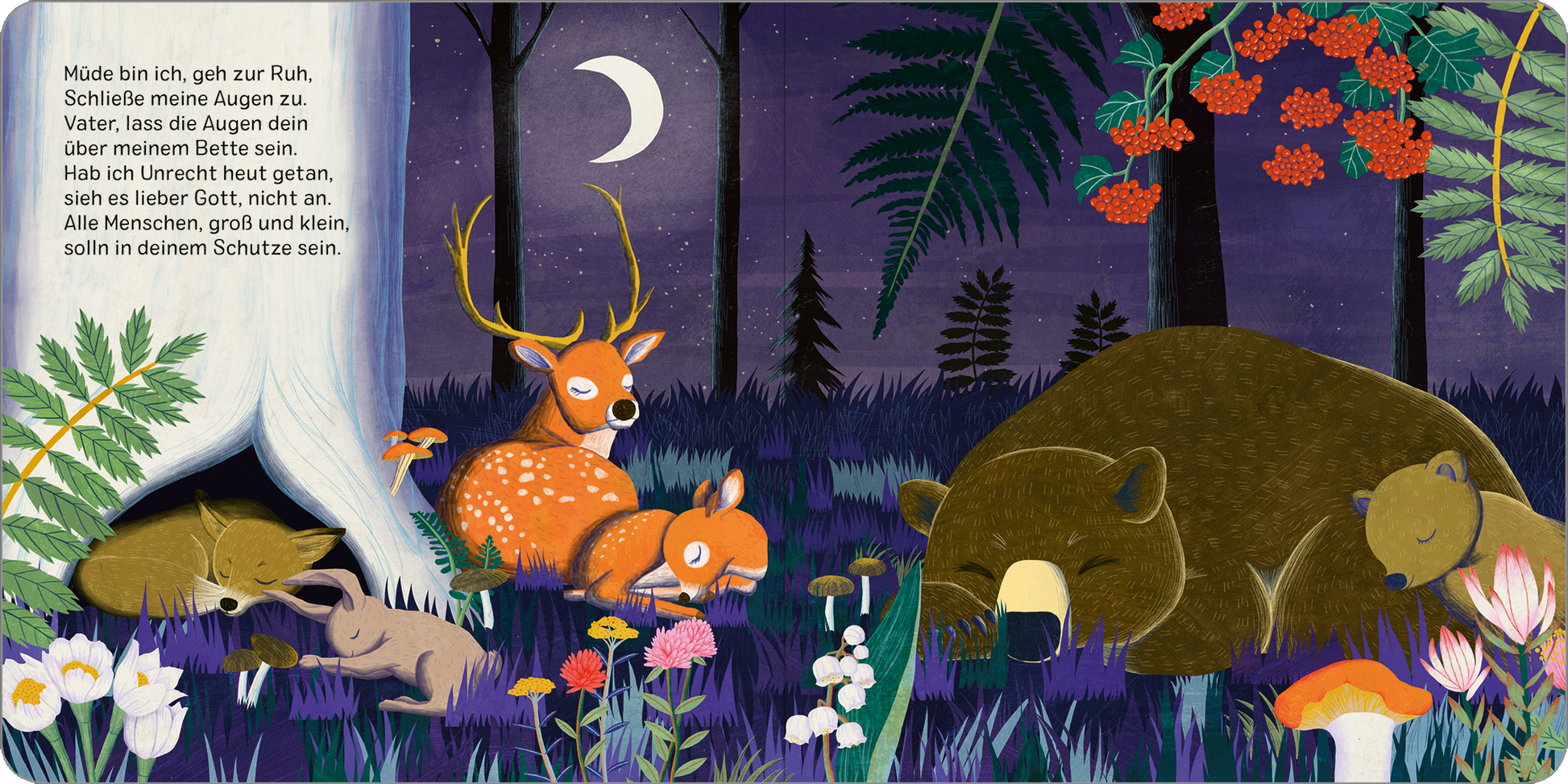 Gezeigt wird eine Innen- oder Zusatzansicht von „Gott, ich danke dir für diesen Tag“. Die Illustration zeigt eine beruhigende nächtliche Szene im Wald mit sanften, violetten und blauen Farbtönen. Ein Bär, Rehe und ein Hase liegen friedlich im Gras, umgeben von bunten Blumen und Pflanzen. Weiche, abgerundete Formen prägen die Tiere und die Umgebung. Der Textblock links vermittelt eine ruhige, schützende Botschaft über den Schlaf und das Vertrauen in eine höhere Macht.