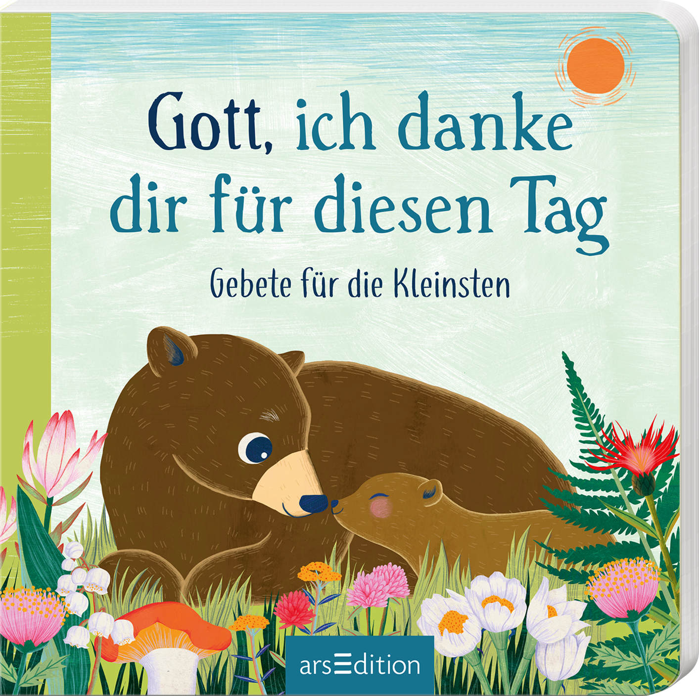 Auf dem Cover sind zwei Bären, die sich sanft berühren, umgeben von bunten Blumen und grünen Blättern. Der Hintergrund ist in hellen, freundlichen Farben gehalten. Der Titel „Gott, ich danke dir für diesen Tag“ ist in verspielter, blauer Schrift oberhalb der Bären platziert. Darunter steht in kleinerer Schrift „Gebete für die Kleinsten“. In der oberen rechten Ecke strahlt eine orange Sonne. Ganz unten mittig steht der Logoschriftzug von arsEdition.
