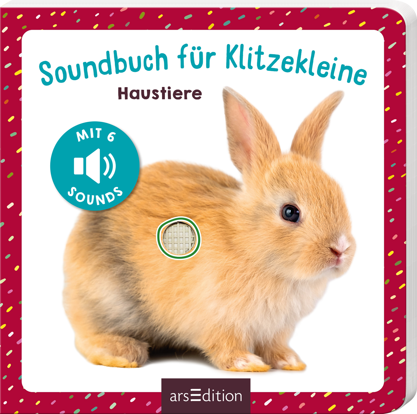 Das Cover zeigt ein niedliches, hellbraunes Kaninchen auf einem weißen Hintergrund. Der Titel „Soundbuch für Klitzekleine“ steht in spielerischer, brauner Schrift oben, während darunter das Wort „Haustiere“ in kleinerer Schrift platziert ist. Auf der linken Seite befindet sich ein blauer Button mit der Aufschrift „MIT 6 SOUNDS“, der auf die interaktive Funktion des Buches hinweist. Bunte, fleckige Elemente rahmen das Cover ein und verleihen ihm eine fröhliche Atmosphäre. Ganz...