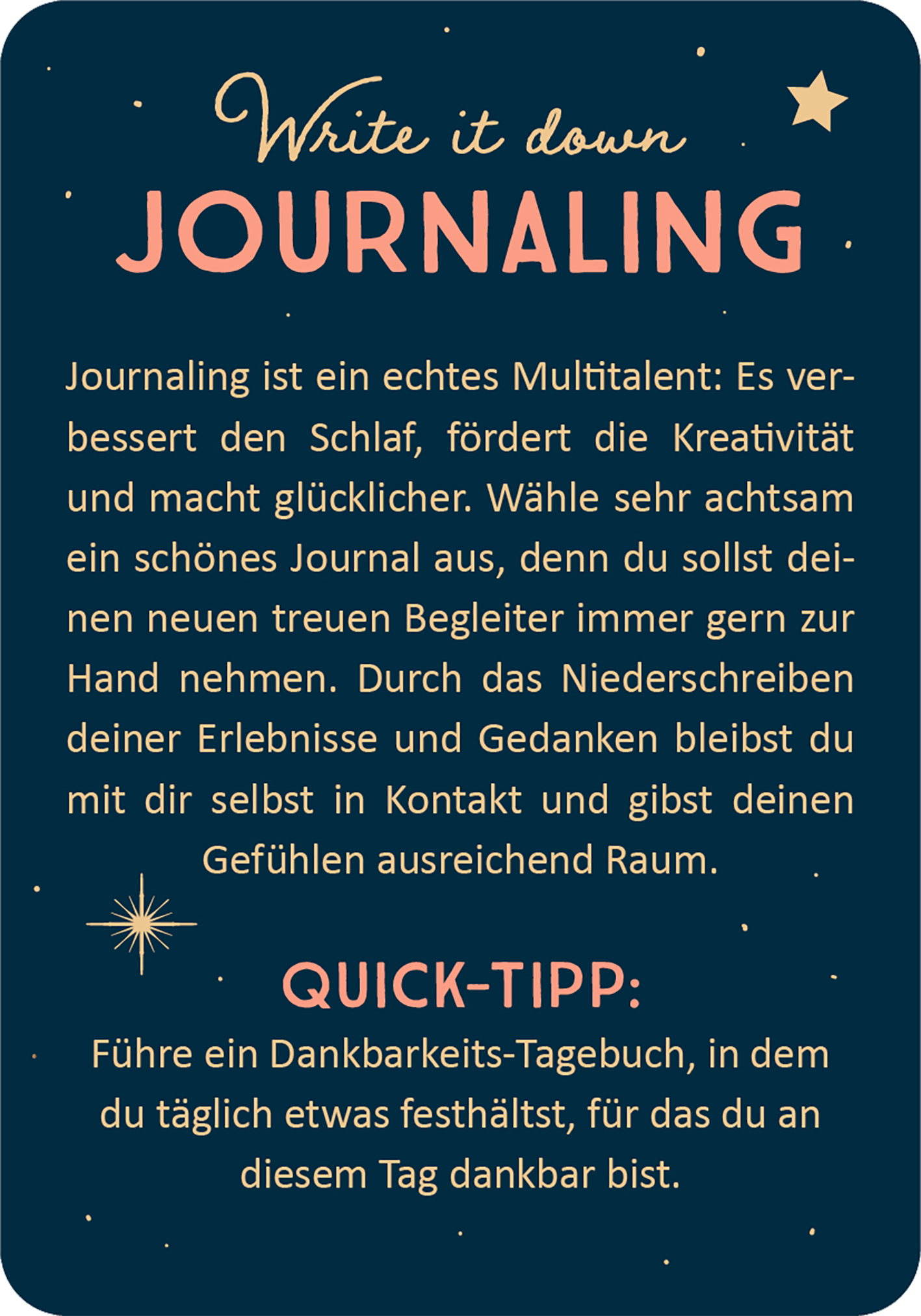 Gezeigt wird eine Innen- oder Zusatzansicht von „Magischer Advent“. Der Hintergrund ist in einem tiefen Blau gehalten, während die Textgestaltung in sanften Rosatönen erscheint. Die Überschrift „JOURNALING“ sticht dabei besonders hervor und ist in einer modernen, handschriftähnlichen Schriftart gestaltet. Unterhalb der Überschrift wird der Text in klarer, gut lesbarer Typografie präsentiert. Dekorative Sterne und grafische Elemente verleihe dem Layout eine festliche Note. Ein...