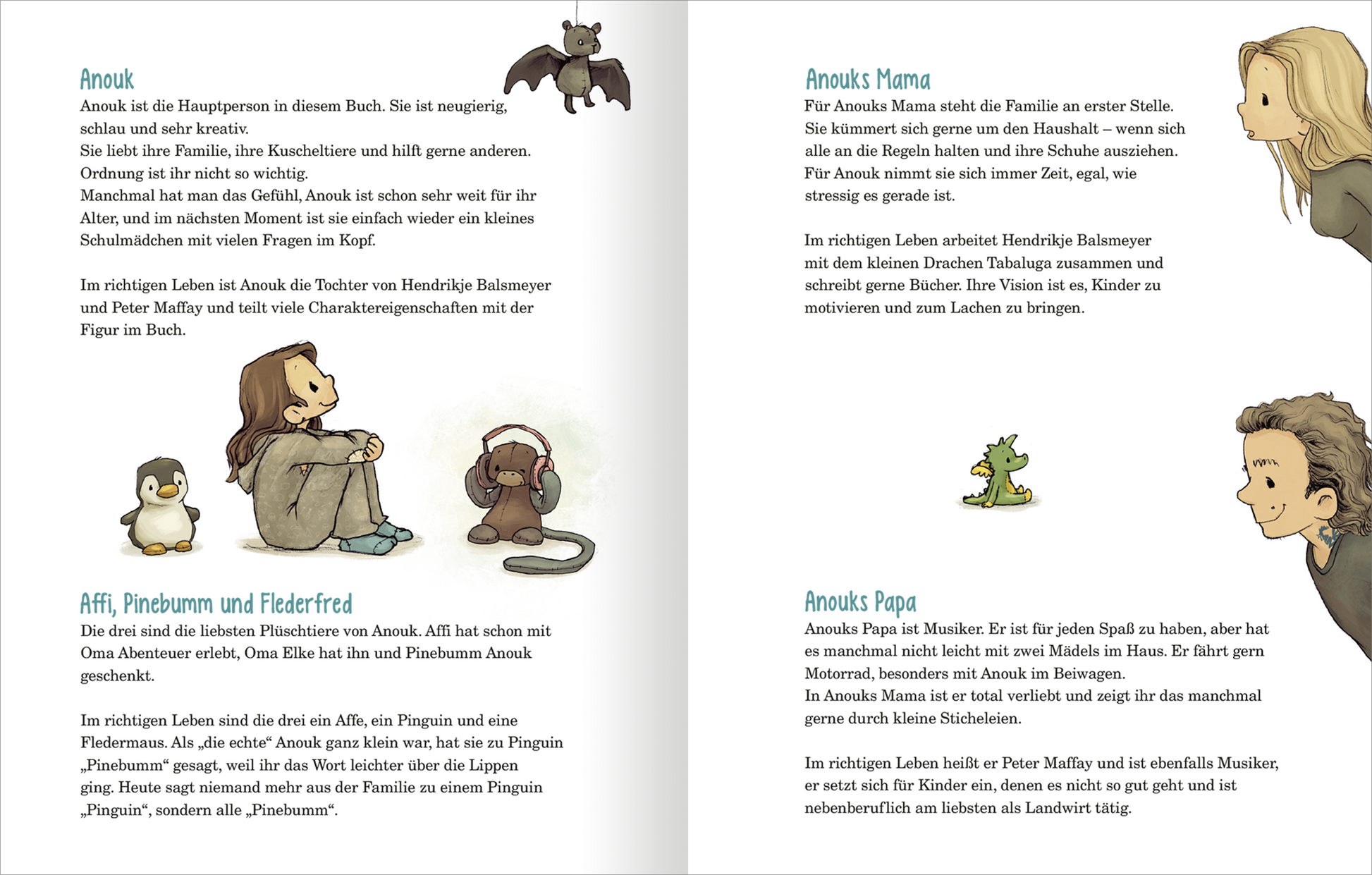 Gezeigt wird eine Innen- oder Zusatzansicht von „Anouk und das Geheimnis der Weihnachtszeit“. Die Seite zeigt verschiedene Hauptcharaktere, darunter Anouk, umgeben von zwei Kuscheltieren, einem Plüschaffen und einem Pinguin.  Die Illustrationen sind freundlich mit sanften Pastelltönen. Die Typografie ist klar und gut lesbar, wobei die Namen der Charaktere deutlich hervorgehoben sind.