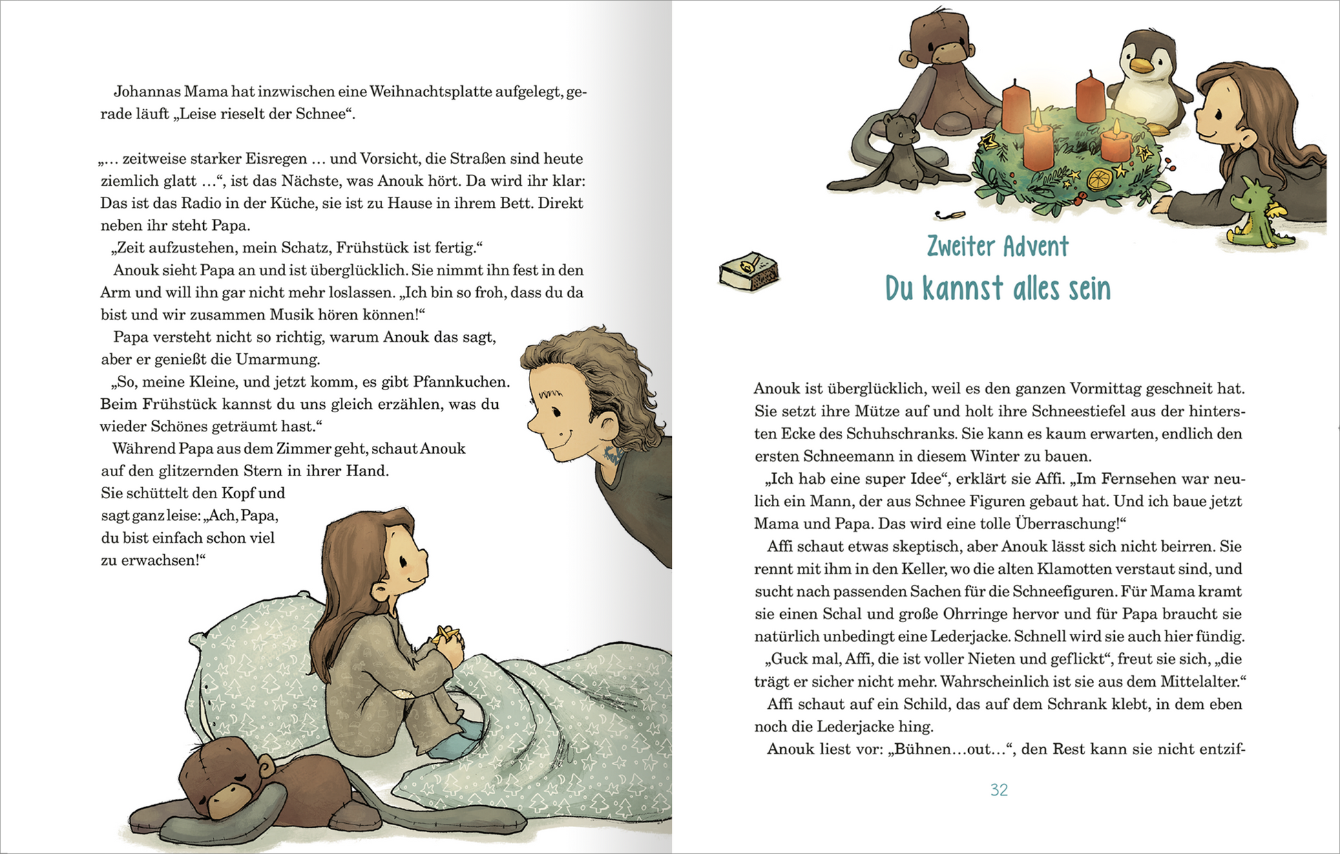 Gezeigt wird eine Innen- oder Zusatzansicht von „Anouk und das Geheimnis der Weihnachtszeit“. Die linke Seite zeigt  Anouk im Bett, umgeben von Kuscheltieren. Sie ist in eine Decke gehüllt und spricht mit ihrem Papa. Auf der rechten Seite ist ein Adventskranz abgebildet. Die Farben sind sanft und einladend, mit einer harmonischen Typografie, die den Text klar und gut lesbar präsentiert.