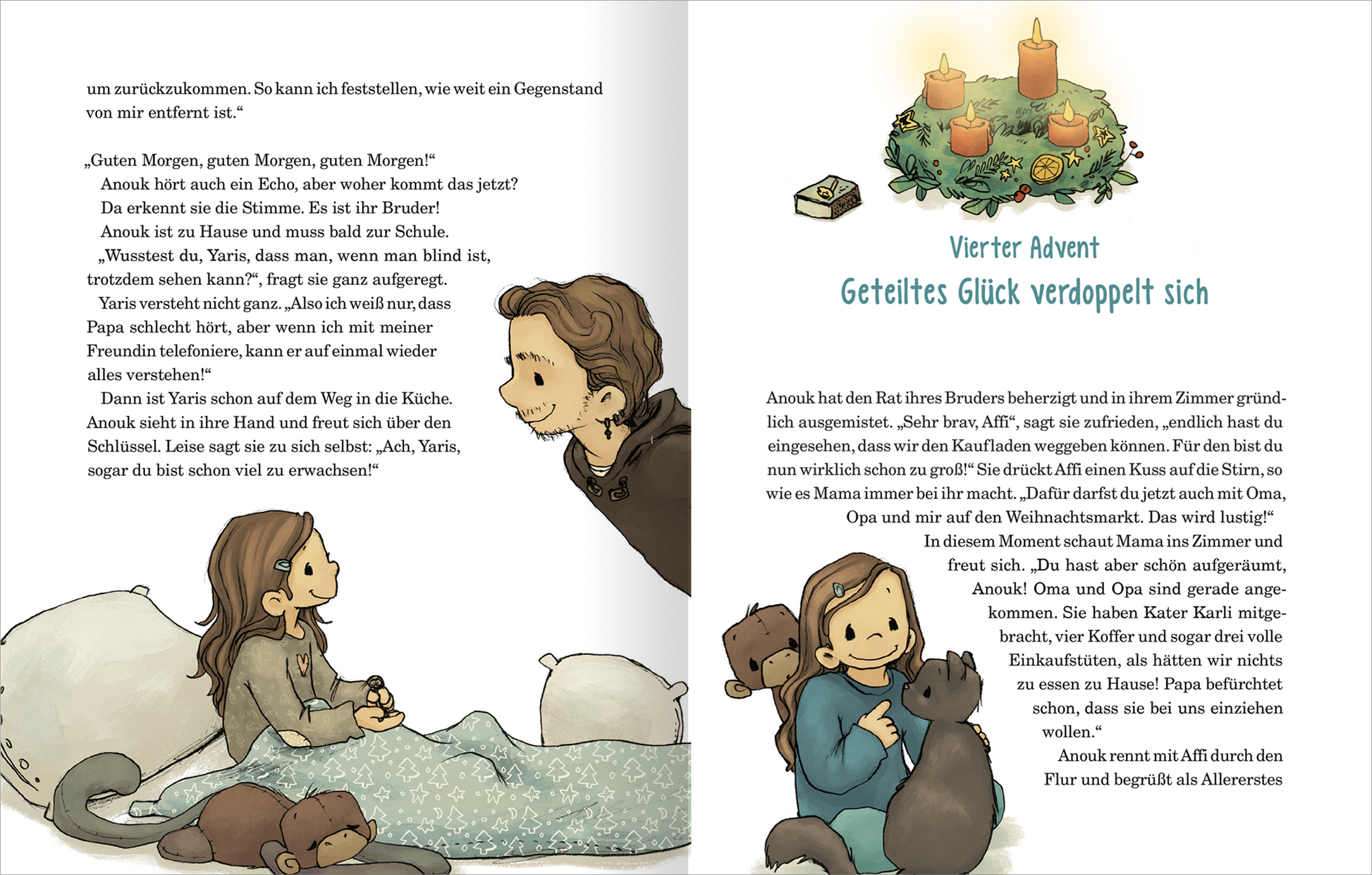 Gezeigt wird eine Innen- oder Zusatzansicht von „Anouk und das Geheimnis der Weihnachtszeit“. Die doppelseitige Illustration zeigt links Anouk und ihren Bruder Yaris in einem gemütlichen Zimmer. Auf der rechten Seite ist ein Adventskranz abgebildet, geschmückt mit roten Kerzen. Die Farben sind sanft und einladend, mit einem Fokus auf warmen Tönen. Die Typografie ist klar und gut lesbar, unterstreicht die kindgerechte Erzählung und den festlichen Kontext.