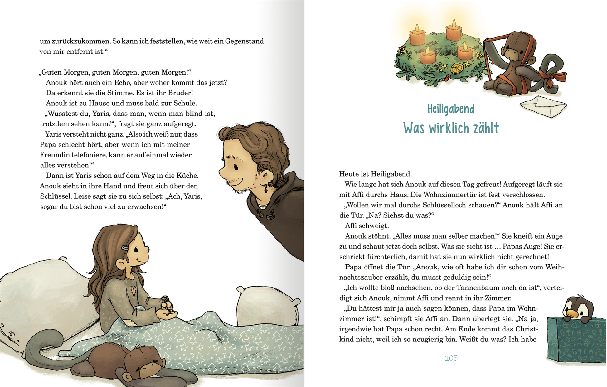 Gezeigt wird eine Innen- oder Zusatzansicht von „Anouk und das Geheimnis der Weihnachtszeit“. Die Seite ist in sanften Pastellfarben gehalten und zeigt Anouk und ihren Bruder. Anouk sitzt im Bett mit einem Stofftier, während ihr Bruder zu ihr spricht. Auf der gegenüberliegenden Seite sind weihnachtliche Elemente wie Kerzen und ein Adventskranz abgebildet. Die Typografie ist kindgerecht und gut lesbar, mit großen, klaren Buchstaben und einem liebevollen Stil.