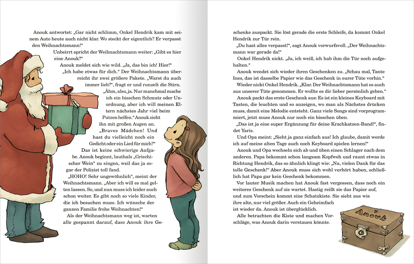 Gezeigt wird eine Innen- oder Zusatzansicht von „Anouk und das Geheimnis der Weihnachtszeit“. Die Illustration zeigt Anouk, ein Mädchen mit langen, braunen Haaren, die freudig mit einem Weihnachtsmann spricht, der in einem roten Anzug und mit einem Sack voller Geschenke zu sehen ist. Der Hintergrund ist hell gestaltet. Auf der rechten Seite steht eine Kiste. Die Schrift ist klar und gut lesbar, wobei die typografischen Elemente kindgerecht wirken.