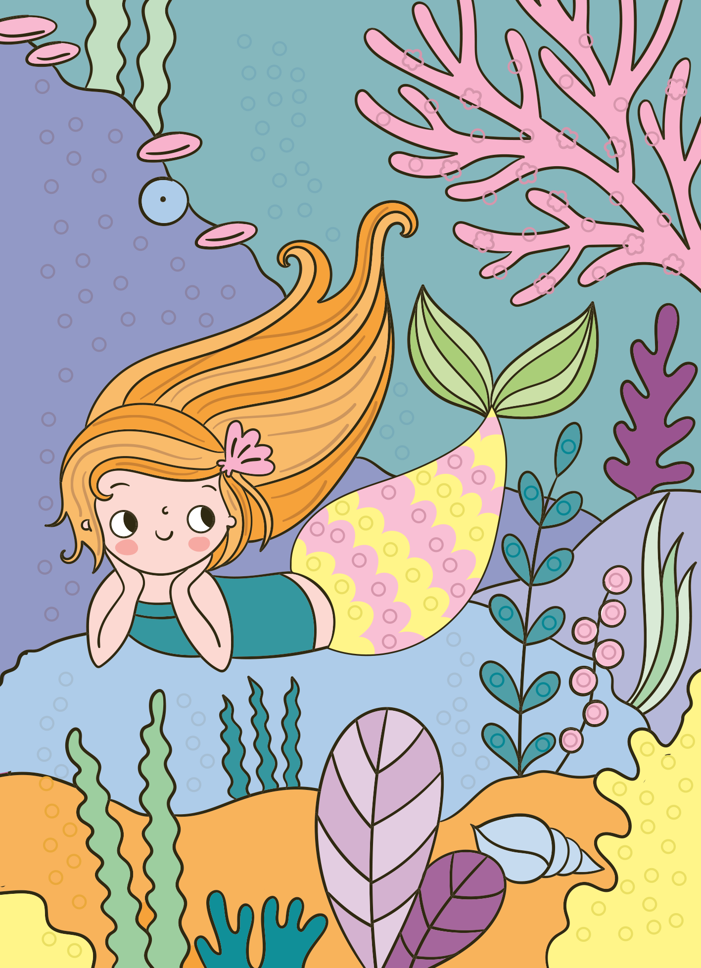 Gezeigt wird eine Innen- oder Zusatzansicht von „Mein Diamant-Stickerheft – Meerjungfrauen“. Die Illustration zeigt ein buntes Unterwasser-Szenario mit einer lächelnden Meerjungfrau mit langen, orangefarbenen Haaren, die auf einem Felsen liegt. Ihre Flosse ist in sanften Pastellfarben gehalten. Um sie herum wachsen verschiedene Wasserpflanzen in lebendigen Grüntönen und violetten Schattierungen. Der Hintergrund ist in sanften Blau- und Lilatönen gestaltet, was eine fröhliche und...