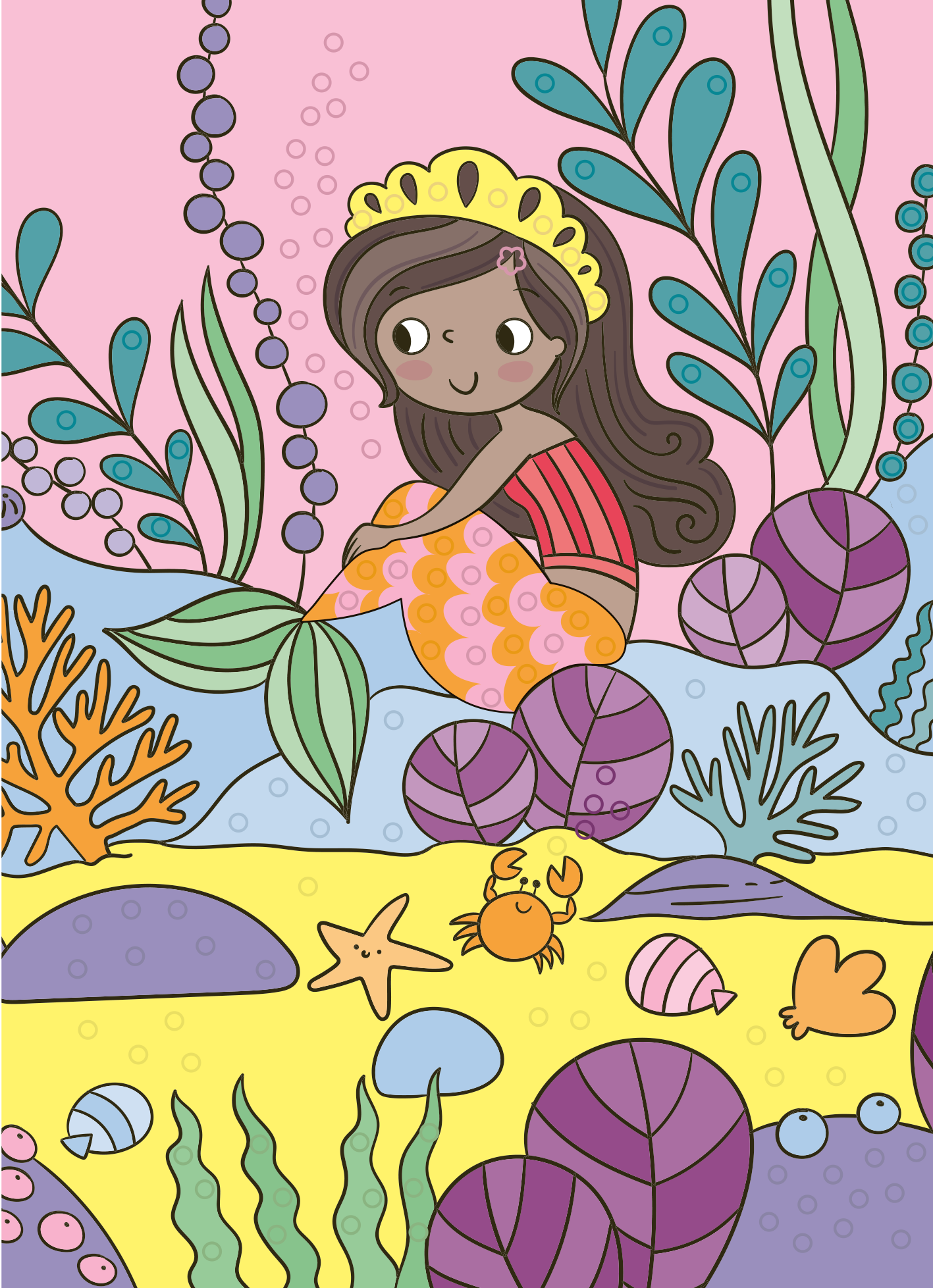 Gezeigt wird eine Innen- oder Zusatzansicht von „Mein Diamant-Stickerheft – Meerjungfrauen“. Die Illustration zeigt eine fröhliche Meerjungfrau mit langen, braunen Haaren und einer leuchtenden, bunten Schwanzflosse, umgeben von farbenfrohen Korallen und verschiedenen Muscheln. Die Farben reichen von Pink über Lila zu Gelb. Auf der ganzen Seite sind blasse kleine Ringe verteilt, die andeuten, wo die Diamantsticker aufgeklebt werden können.