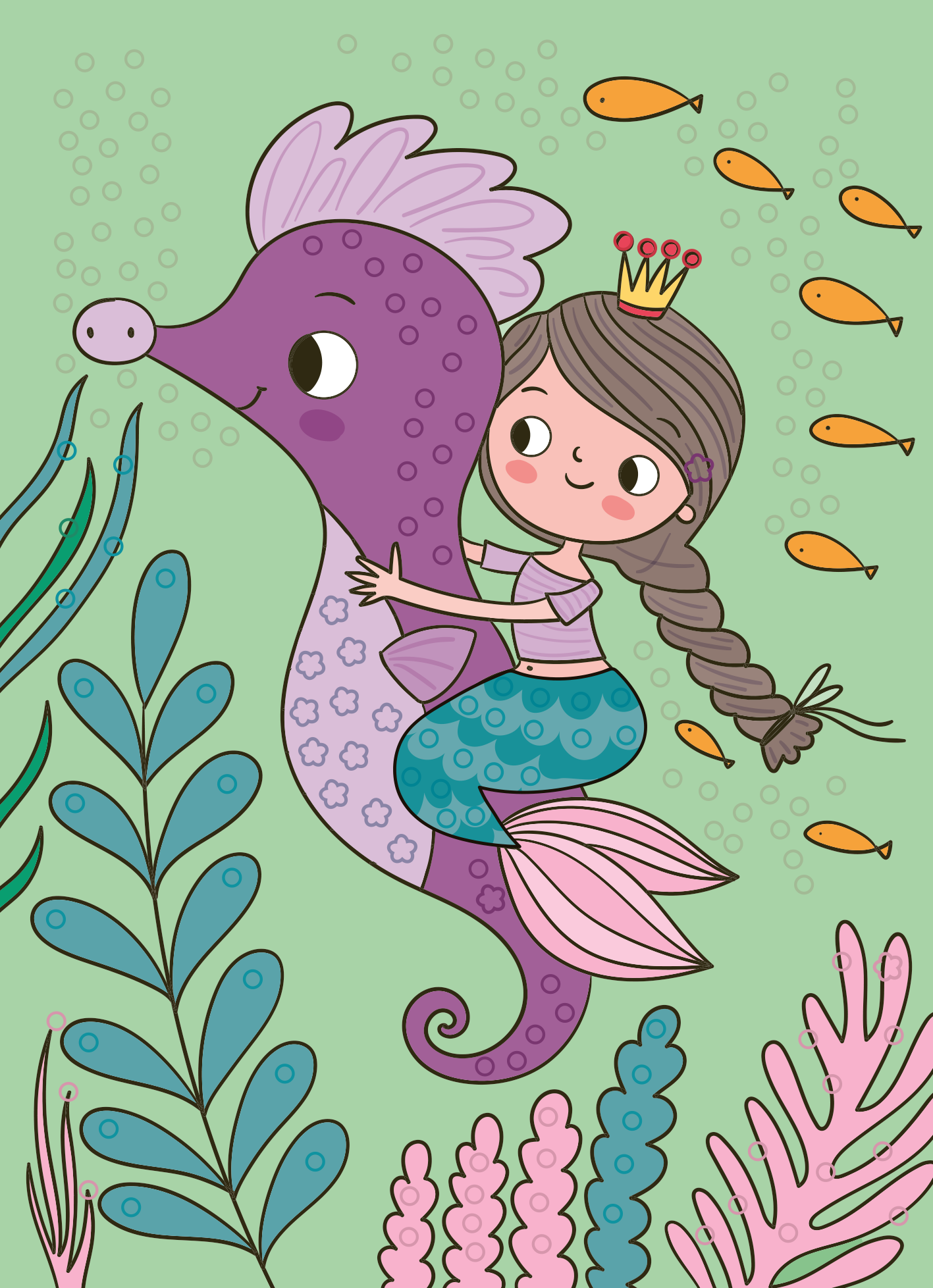 Gezeigt wird eine Innen- oder Zusatzansicht von „Mein Diamant-Stickerheft – Meerjungfrauen“. Die Illustration zeigt ein fröhliches Mädchen mit einer Krone, das auf einem lila Seepferdchen reitet. Umgeben wird die Szene von bunten, stilisierten Wasserpflanzen in verschiedenen Blau- und Grüntönen sowie pinken Akzenten. Im Hintergrund schwimmen kleine, orangefarbene Fische. Kleine blasse Kreise deuten an, wo die Diamantsticker aufgeklebt werden können.