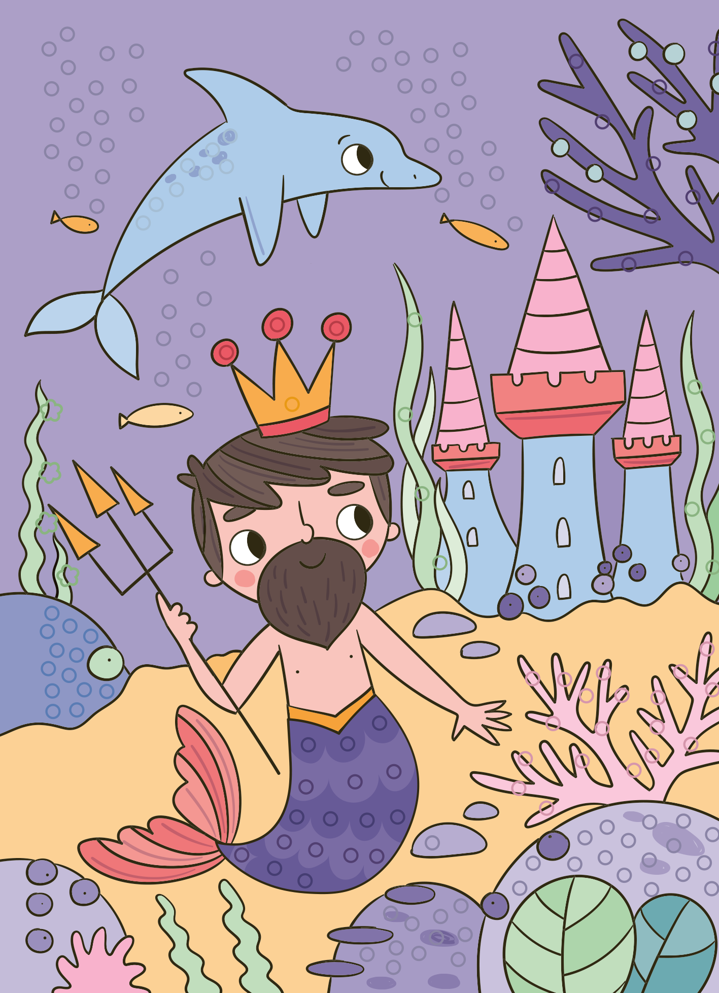 Gezeigt wird eine Innen- oder Zusatzansicht von „Mein Diamant-Stickerheft – Meerjungfrauen“. Die Illustration zeigt einen Meerjungfrauen-König mit einem auffälligen braunen Bart. Er trägt eine Krone und hat eine lila Flosse. Um ihn herum befinden sich bunte Korallen, ein freundlicher Delfin und eine Schlosslandschaft mit pinken Türmen. Der Hintergrund ist in sanften Lila- und Pinktönen gehalten, die eine zauberhafte Unterwasserwelt darstellen.