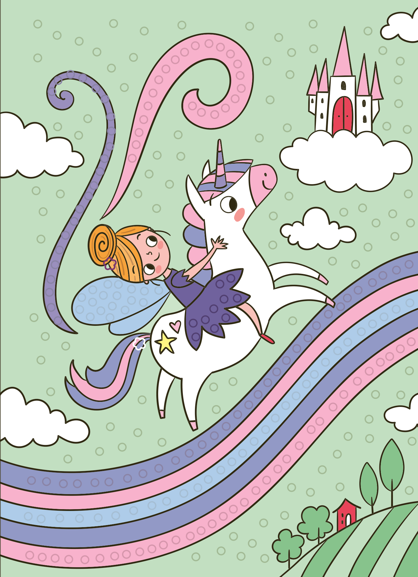 Gezeigt wird eine Innen- oder Zusatzansicht von „Mein Diamant-Stickerheft – Feen“. Die Illustration zeigt ein fantasievolles Szenario mit einer hellen grünen Hintergrundfarbe. Ein fliegendes Einhorn in Weiß trägt eine Fee mit hochgestecktem orangefarbenem Haar und blauen Flügeln. Das Mädchen trägt ein lilafarbenes Kleid und lacht fröhlich. Ein pinker und lila Regenbogen erstreckt sich unter den Hufen des Einhorns. Im Hintergrund sitzt ein Märchenschloss auf einer Wolke und ein...