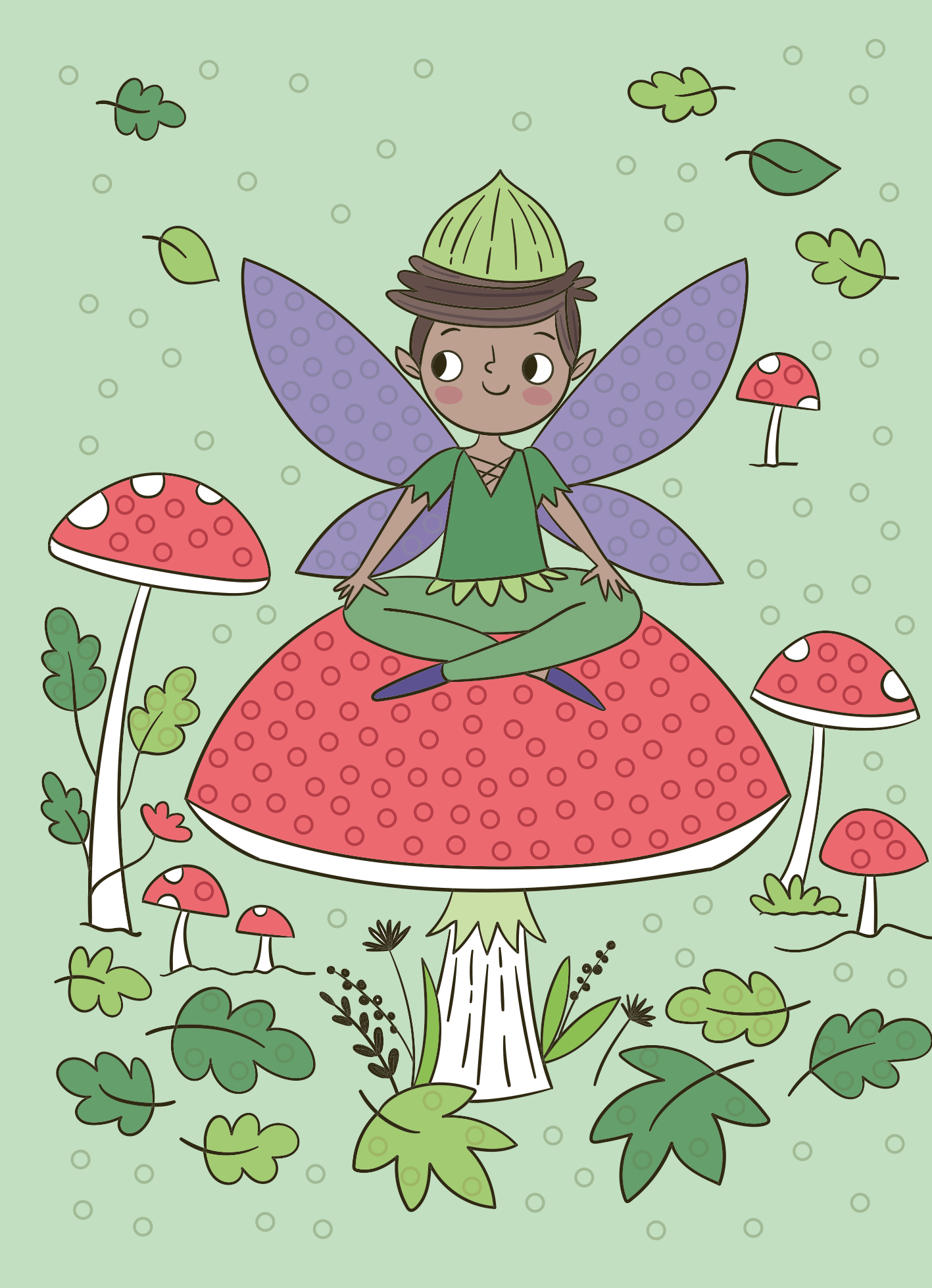 Gezeigt wird eine Innen- oder Zusatzansicht von „Mein Diamant-Stickerheft – Feen“. Die Illustration zeigt eine männliche Fee mit dunkler Haut und lila Flügeln, die auf einem großen, roten Fliegenpilz sitzt. Der Hintergrund ist in sanftem Grün gehalten und mit verschiedenen grünen Blättern und kleinen, roten Pilzen verziert. Die Farben sind lebhaft und kinderfreundlich, während die runden Formen eine verspielte Atmosphäre schaffen.