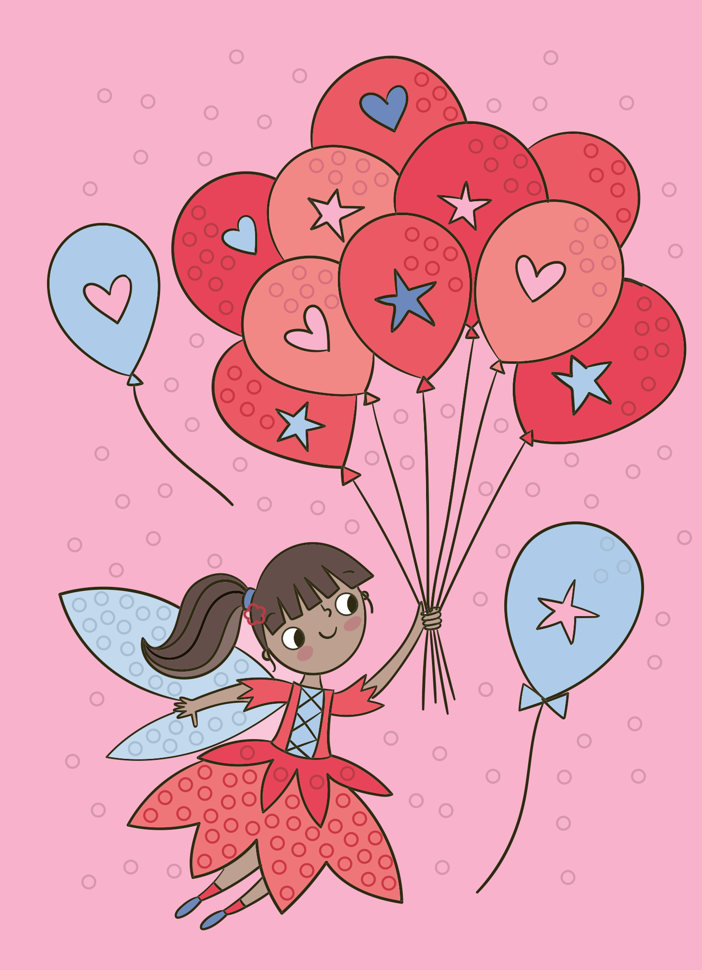 Gezeigt wird eine Innen- oder Zusatzansicht von „Mein Diamant-Stickerheft – Feen“. Die Illustration zeigt eine fröhliche Fee mit blauen Flügeln, die ein rotes großes Kleid trägt. Sie hält eine Vielzahl von roten und orangenen Ballons verziert mit Herzen und Sternen in der Hand und wird von ihnen nach oben gezogen. Der Hintergrund ist in sanftem Pink gehalten, was die verspielte Atmosphäre unterstreicht.