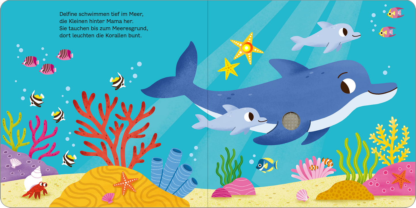 Gezeigt wird eine Innen- oder Zusatzansicht von „Mein blinkendes Soundbuch – Am Meer“. Die Illustration zeigt einen blauen Delfin mit einem Kalb, umgeben von bunten Fischen und Korallen. Die Farben sind lebhaft und variieren von Blau- und Grüntönen des Wassers bis zu Gelb, Orange und Pink der Korallen. Die typografische Gestaltung umfasst klare, gut lesbare Schriftzüge, die die Textpassagen begleiten. Ein gelbes Seesternbild und Luftblasen ergänzen die Szene.
