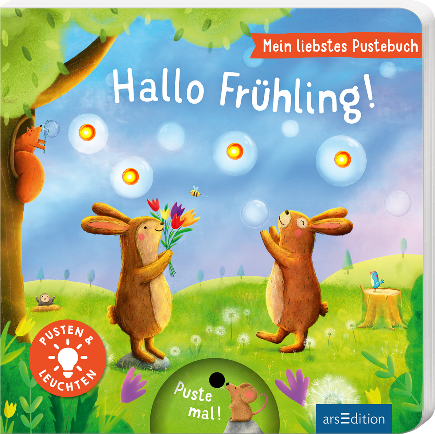 Auf dem Buchcover „Hallo Frühling!“ aus der Reihe „Mein liebstes Pustebuch“ stehen zwei fröhliche Hasen in einer bunten Frühlingslandschaft. Einer der Hasen hält einen Blumenstrauß, während der andere aufgeregt die Arme hebt. Im Hintergrund fliegen Bienen und Schmetterlinge umher, und ein Eichhörnchen sitzt auf einem Baum. Die Farben sind leuchtend und fröhlich. Oben links steht in roten Buchstaben „Mein liebstes Pustebuch“, und unten links ist der Button „PUSTEN &...