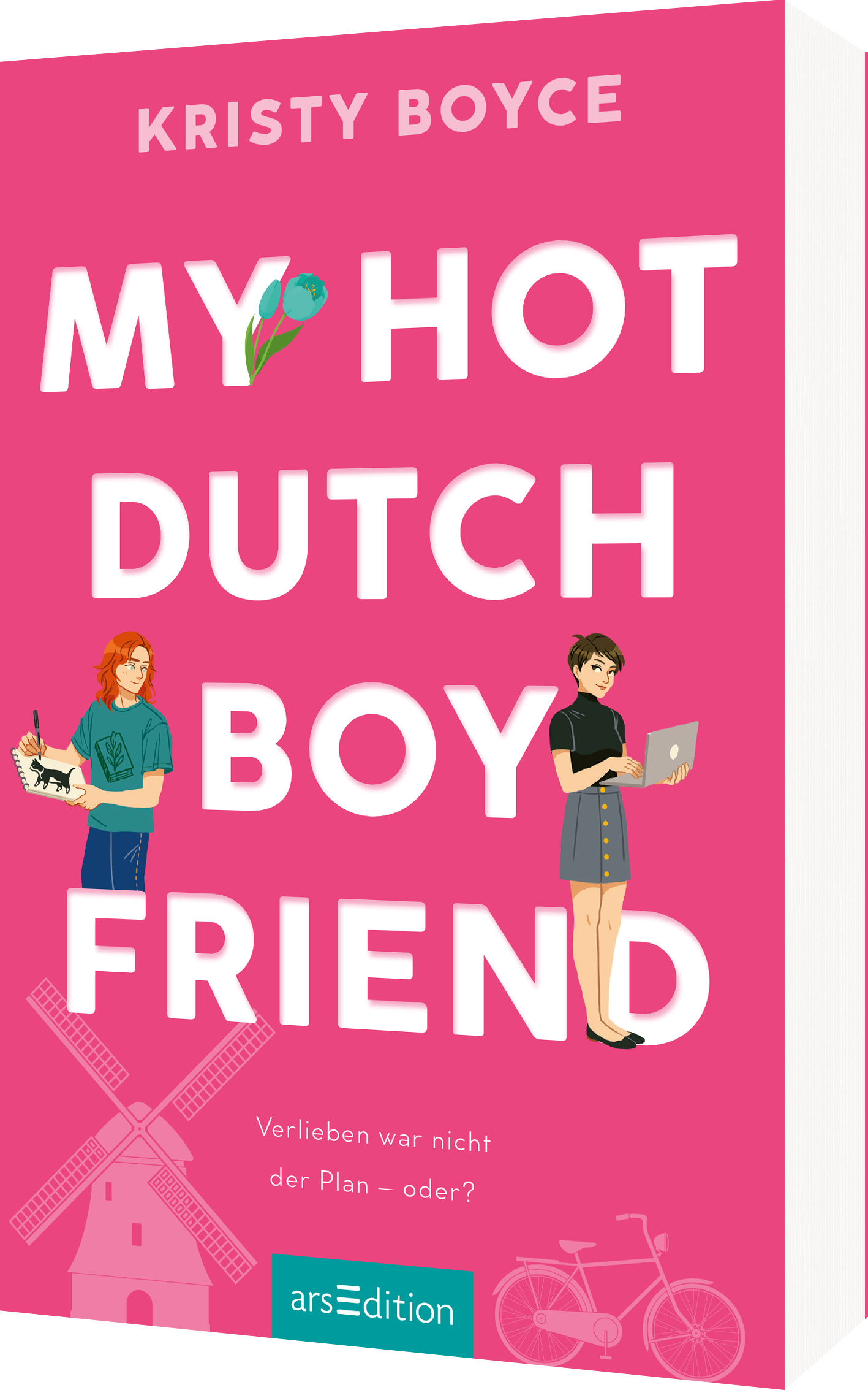 Das Buchcover zeigt einen leuchtend pinken Hintergrund. Der Titel „MY HOT DUTCH BOYFRIEND“ ist prominent in großer, weißer Schrift angeordnet. Über dem Titel steht der Autorenname „KRISTY BOYCE“ in einer etwas kleineren, schwarzen Schrift. Auf dem Cover sind zwei Personen abgebildet: ein junger Mann mit roten Haaren, der zeichnet und eine junge Frau mit einem Laptop in der Hand, die einen Rock trägt. Ganz unten mittig steht der Logoschriftzug von arsEdition.