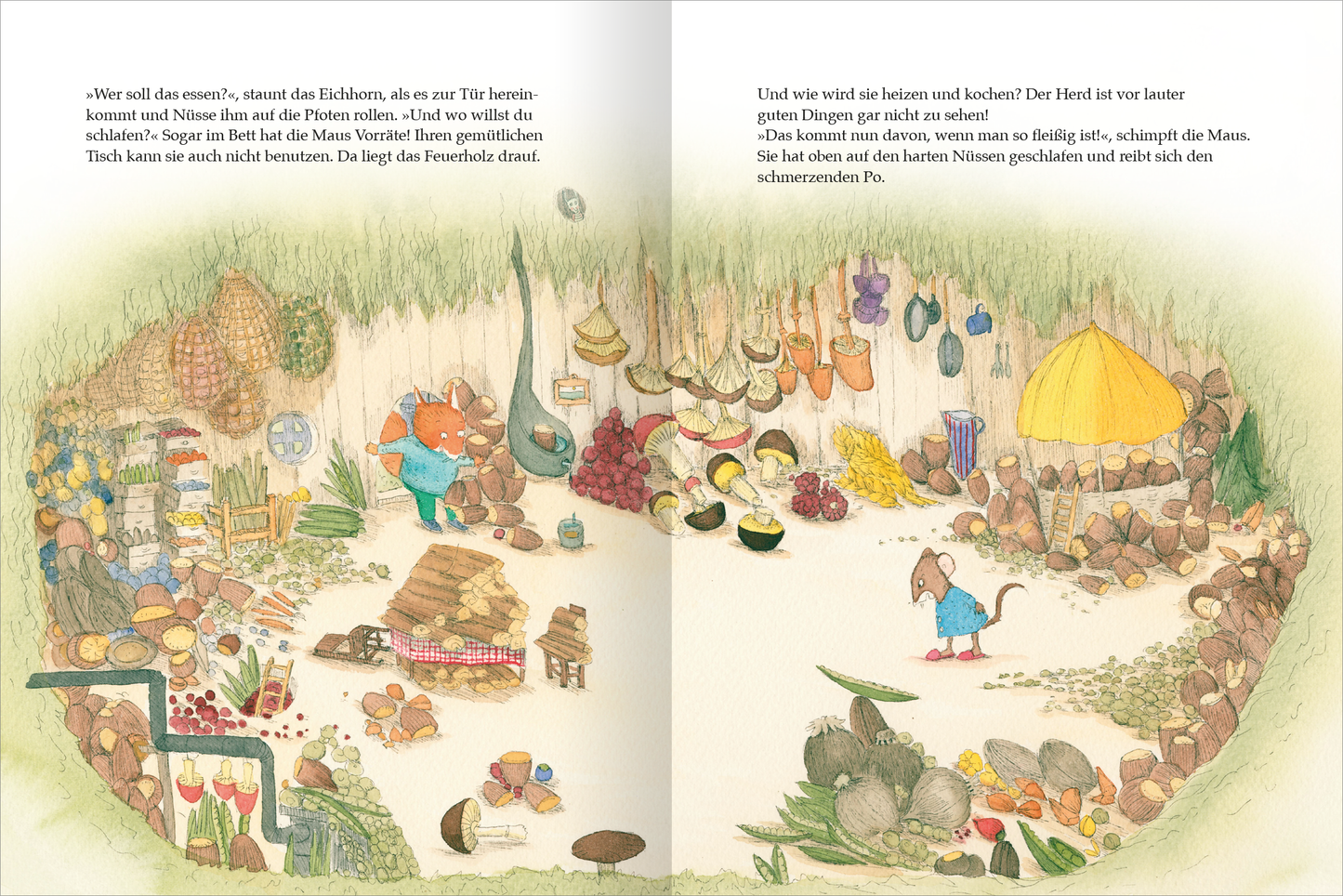 Gezeigt wird eine Innen- oder Zusatzansicht von „Ein Jahr mit Maus und Eichhorn“. Die Illustration zeigt eine lebhafte, rustikale Küche mit bunten Lebensmitteln wie Gemüse, Obst und Töpfen, die auf dem Boden verteilt sind. Im Mittelpunkt stehen die Figuren Maus und Eichhorn, umgeben von einer warmen, einladenden Atmosphäre. Die Farben sind sanft und harmonisch, ergänzt durch eine kindgerechte, verspielte Typografie, die den Text in verschiedenen Größen und Stilen präsentiert.