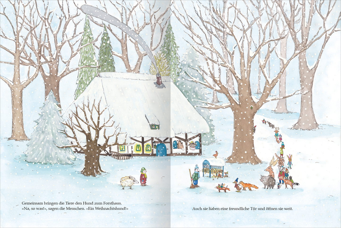 Gezeigt wird eine Innen- oder Zusatzansicht von „Ein Jahr mit Maus und Eichhorn“. Die Illustration zeigt eine verschneite Winterlandschaft mit einem einladenden, rustikalen Haus im Vordergrund. Eiskristalle zieren die Bäume, die in sanften Brauntönen und schneebedecktem Weiß gehalten sind. Vor dem Haus versammeln sich verschiedene Tiere, die gemeinsam zur Tür des Hauses gehen. Die Schrift ist in klarer, gut lesbarer Typografie gestaltet, mit liebevollen, handgezeichneten Details, die...