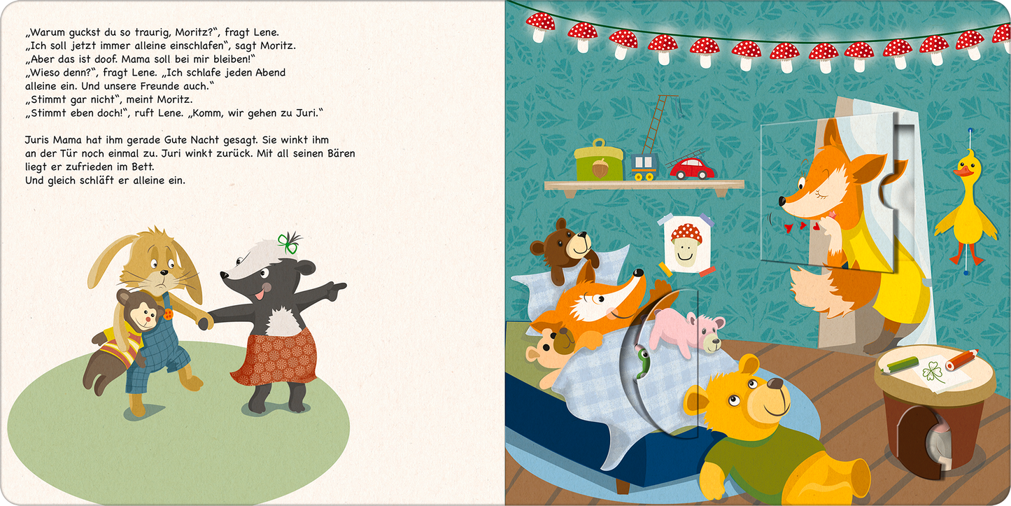 Gezeigt wird eine Innen- oder Zusatzansicht von „Moritz Moppelpo schläft alleine ein“. Die Seite zeigt eine bunte, kindgerechte Illustration. Links sind Tiere, darunter ein Fuchs, ein Bär und ein Hase, die in einem gemütlichen Raum interagieren. Rechts steht eine freundliche, lächelnde Tierfigur, wahrscheinlich ein Fuchs, und spricht. Die Farben sind warm und freundlich, mit einem hellen Hintergrund und detailreicher Typografie in klarer Schrift. Ein verspielter Abschluss des Tages wird...