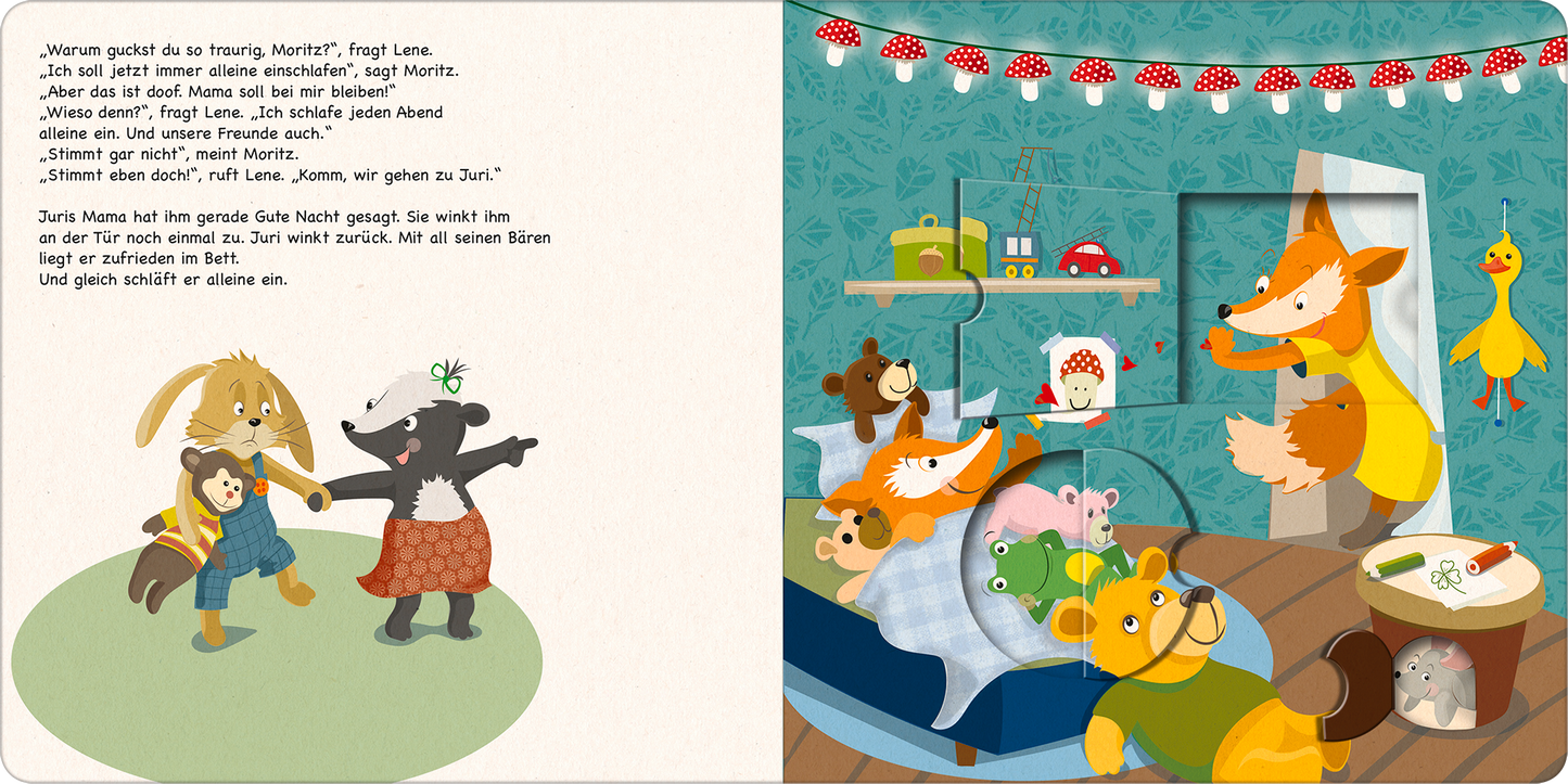 Gezeigt wird eine Innen- oder Zusatzansicht von „Moritz Moppelpo schläft alleine ein“. Auf der linken Seite sind die tierischen Charaktere Lena, Moritz und ein Bär abgebildet, die miteinander sprechen. Die rechte Seite zeigt ein gemütliches Kinderzimmer, in dem ein Fuchs die Tiere ins Bett bringt. Die Wände sind in sanften Blau- und Grüntönen gehalten, während eine rote Girlande mit weißen Punkten und Spielzeug im Raum farbliche Akzente setzen. Die Typografie des Textes auf der...