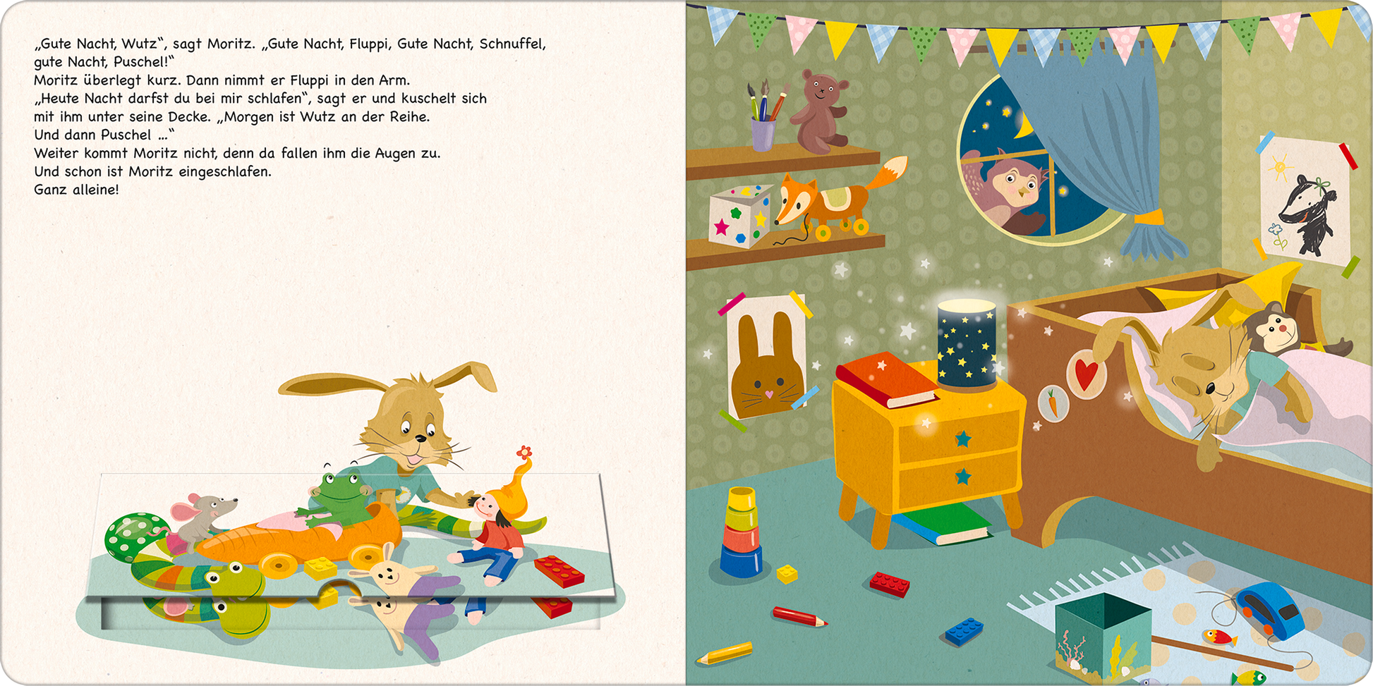 Gezeigt wird eine Innen- oder Zusatzansicht von „Moritz Moppelpo schläft alleine ein“. Auf der linken Seite sind bunte Spielzeuge und eine kleine Figur des Kaninchens Moritz abgebildet. Die rechte Seite zeigt Moritz in einem gemütlichen Bett mit einer Decke in sanften Farben. Die Wände sind mit verschiedenen Dekorationen, wie einem Fenster mit Mond und Sternen, sowie Bildern von Tieren geschmückt. Die Typografie ist klar und kindgerecht, in einer verspielten Schriftart.