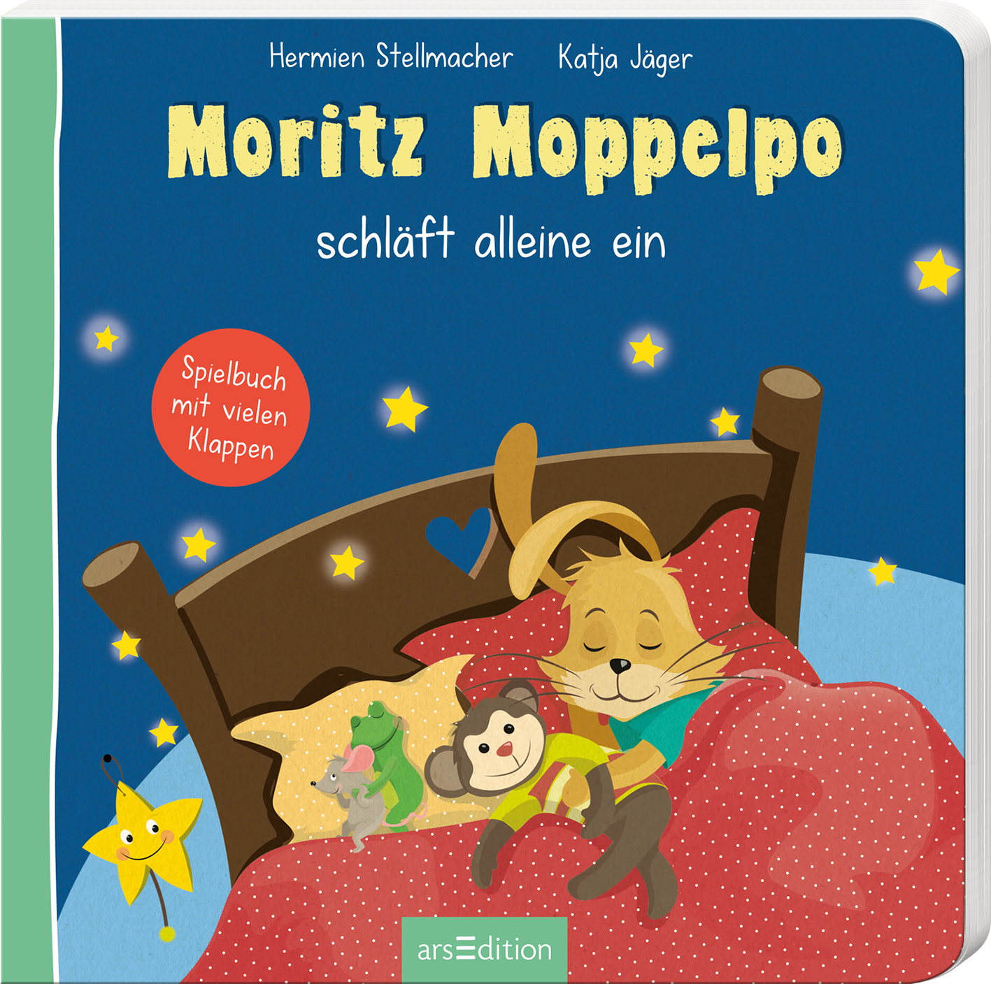 Das Buchcover zeigt eine beruhigende Nachtszene mit einer sanften blau-grünen Farbpalette. In einem gemütlichen Bett liegt der schlafende Hase Moritz Moppelpo, umgeben von seinen Stofftierfreunden. Der Titel „Moritz Moppelpo schläft alleine ein“ ist in großen, gelben Buchstaben oben platziert, während ein roter Button mit dem Text „Spielbuch mit vielen Klappen“ auf der linken Seite hervorsticht. Das Cover vermittelt eine warme, einladende Atmosphäre. Ganz unten mittig steht der...