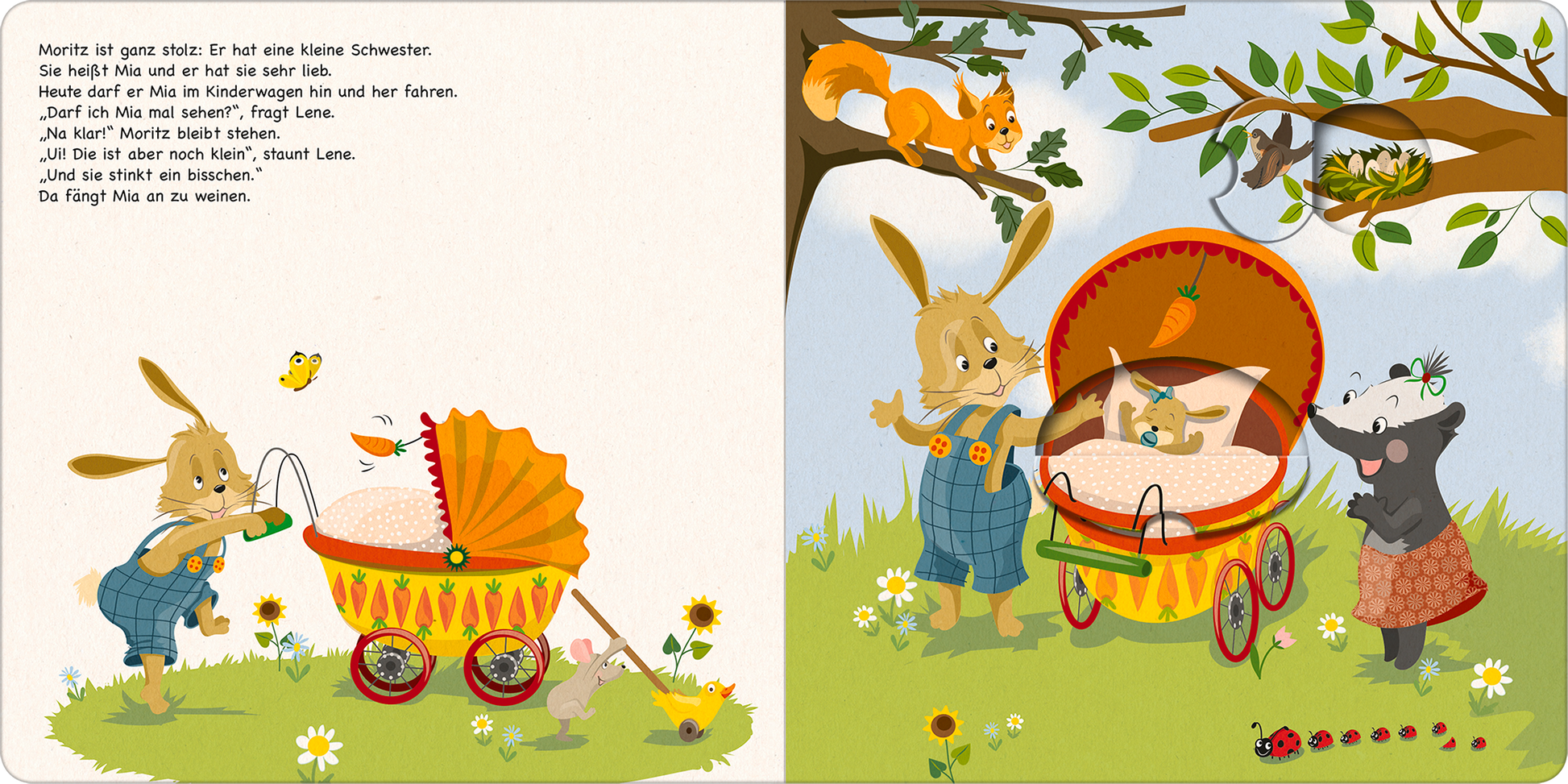 Gezeigt wird eine Innen- oder Zusatzansicht von „Moritz Moppelpo und sein Geschwisterchen“. Auf der linken Seite steht Moritz, ein niedlicher Hase, der einen Kinderwagen schiebt. Der Kinderwagen ist bunt dekoriert mit roten und gelben Farben. Auf der rechten Seite sitzen zwei Tiere, eine Maus und ein weiteres Kaninchen, im Grünen mit bunten Blumen und einer Baumlandschaft. Die typografische Schrift auf der linken Seite ist kindgerecht und freundlich gestaltet, um die Lesbarkeit zu fördern.