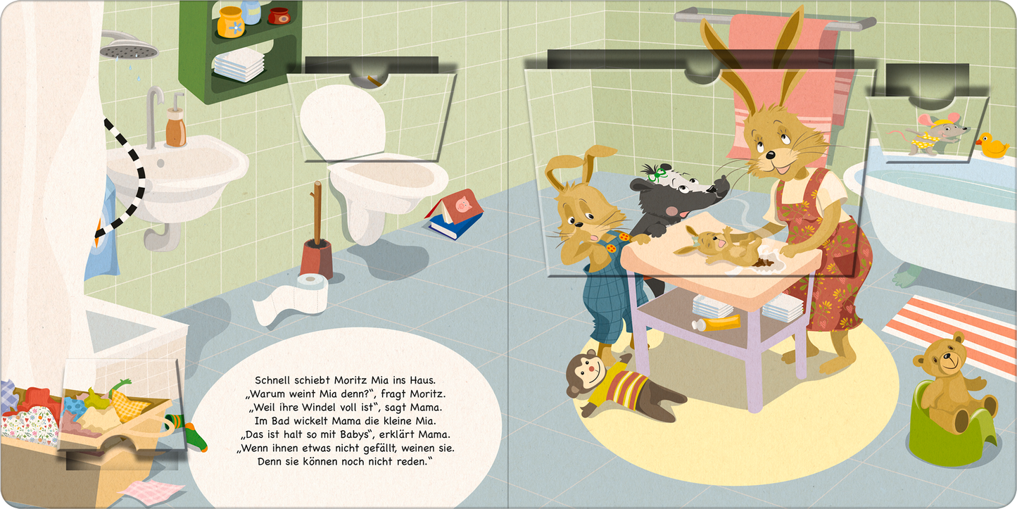 Gezeigt wird eine Innen- oder Zusatzansicht von „Moritz Moppelpo und sein Geschwisterchen“. Die Illustration zeigt ein fröhliches, helles Badezimmer mit mintgrünen Fliesen. Im Vordergrund steht ein Tisch, umgeben von fröhlichen Tiercharakteren. Eine Häsin mit Schürze erklärt etwas, während zwei junge Tiere aufmerksam zuhören. Auf dem Tisch sind einige Spielzeuge und ein Baby vorhanden. Die Farben sind lebhaft und einladend, mit einer verspielten Typografie für den Text am unteren...
