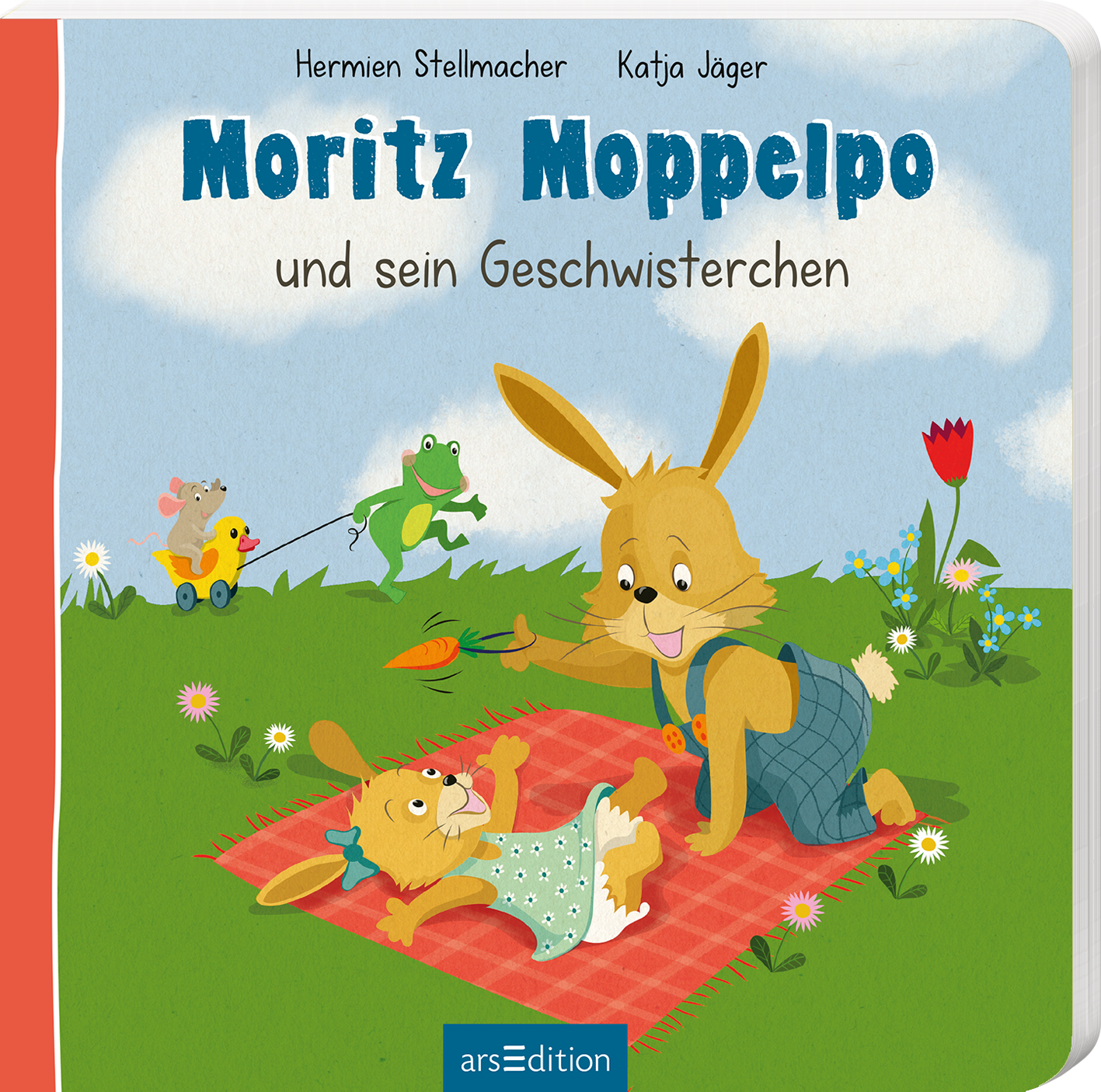 Das Buchcover zeigt einen fröhlichen Hasen namens Moritz Moppelpo, der in einem grünen Wiesenfeld mit seinem Geschwisterchen spielt. Die beiden Hasen sind cartoonhaft und freundlich dargestellt, umgeben von bunten Blumen und einem kleinen Frosch. Die Farben sind hell und einladend, mit sanften Gelb-, Grün- und Rottönen. Der Titel „Moritz Moppelpo und sein Geschwisterchen“ ist in kräftigen blauen Buchstaben geschrieben, während der Untertitel in einer verspielten Schriftart zu sehen...