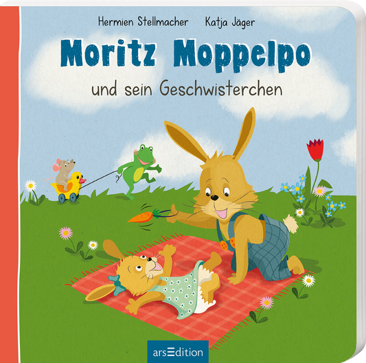 Das Buchcover zeigt einen fröhlichen Hasen namens Moritz Moppelpo, der in einem grünen Wiesenfeld mit seinem Geschwisterchen spielt. Die beiden Hasen sind cartoonhaft und freundlich dargestellt, umgeben von bunten Blumen und einem kleinen Frosch. Die Farben sind hell und einladend, mit sanften Gelb-, Grün- und Rottönen. Der Titel „Moritz Moppelpo und sein Geschwisterchen“ ist in kräftigen blauen Buchstaben geschrieben, während der Untertitel in einer verspielten Schriftart zu sehen...