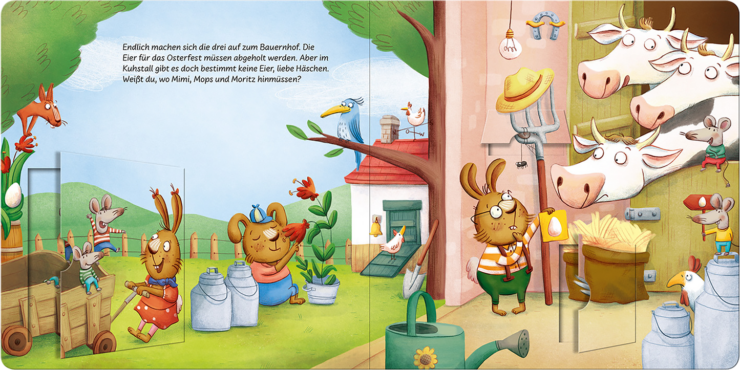 Gezeigt wird eine Innen- oder Zusatzansicht von „Was für ein Osterschlamassel!“. Die Illustration zeigt eine ländliche Szene mit einem Bauernhof, in sanften Farben gehalten, vor allem Grünschattierungen und Erdtöne. Im Vordergrund stehen zwei freundliche Hasen, die miteinander interagieren. Um sie herum gibt es Milchkannen, Gartengeräte und verschiedene Tiere, wie Kühe und Vögel. Die Schrift ist kindgerecht und klar leserlich, was zur fröhlichen Atmosphäre beiträgt.