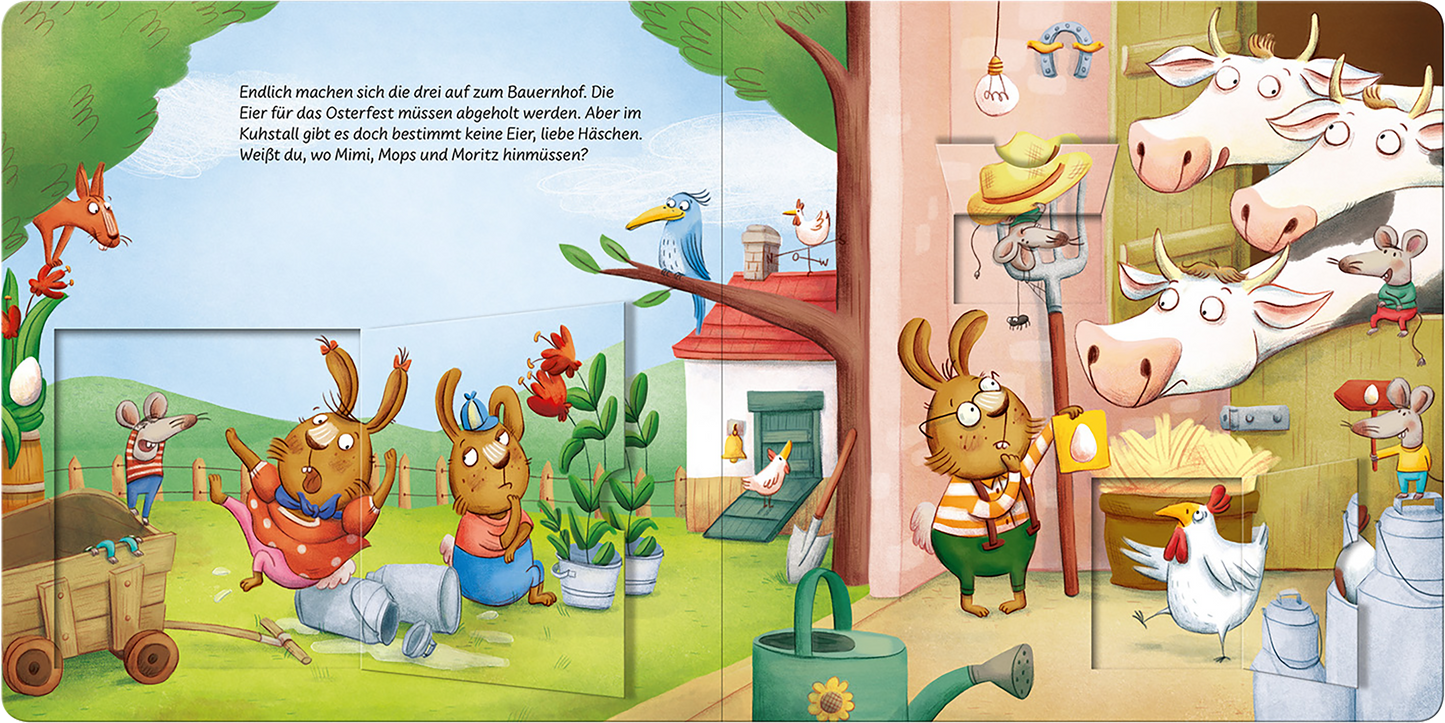 Gezeigt wird eine Innen- oder Zusatzansicht von „Was für ein Osterschlamassel!“. Die bunten Illustrationen zeigen fröhliche Tiere, darunter Hasen und Kühe, die in einem ländlichen Ambiente arbeiten. Dominierende Farben sind sanfte Pastelltöne wie Grün, Blau und Rosa. Der Text ist in klarer, verspielter Schriftart gehalten. Detailreiche Elemente wie ein Garten mit Werkzeug und eine Hühnergruppe schaffen eine lebendige, einladende Atmosphäre.