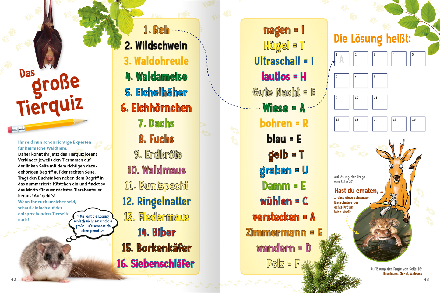 Gezeigt wird eine Innen- oder Zusatzansicht von „Jetzt verstehe ich die Tiere des Waldes“. Auf der Doppelseite sind farbenfrohe Illustrationen und große, verspielte Schriftarten zu sehen. Links befindet sich ein Tierquiz mit nummerierten Antworten in bunten Farben, darunter lebendige Zeichnungen von Tieren wie einem Eichhörnchen und einem Dachs. Rechts ist ein Lösungsfeld mit leeren Kästchen, um Antworten einzutragen. Der Hintergrund ist mit pflanzlichen Motiven dekoriert, die eine...