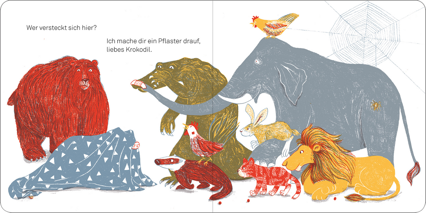 Gezeigt wird eine Innen- oder Zusatzansicht von „Unter Decken verstecken“. Die Illustration zeigt eine farbenfrohe Szene mit verschiedenen Tieren, darunter ein roter Bär, ein grauer Elefant und ein roter Löwe, umgeben von weiteren Tieren wie einem Hasen und einem Igel. Die Tiere sind in lebhaften Farben dargestellt, während der Hintergrund dezent bleibt. Der Text ist in einer klaren, gut lesbaren Schriftart in Schwarz auf weißem Hintergrund geschrieben. Die Gesamtstimmung ist freundlich...