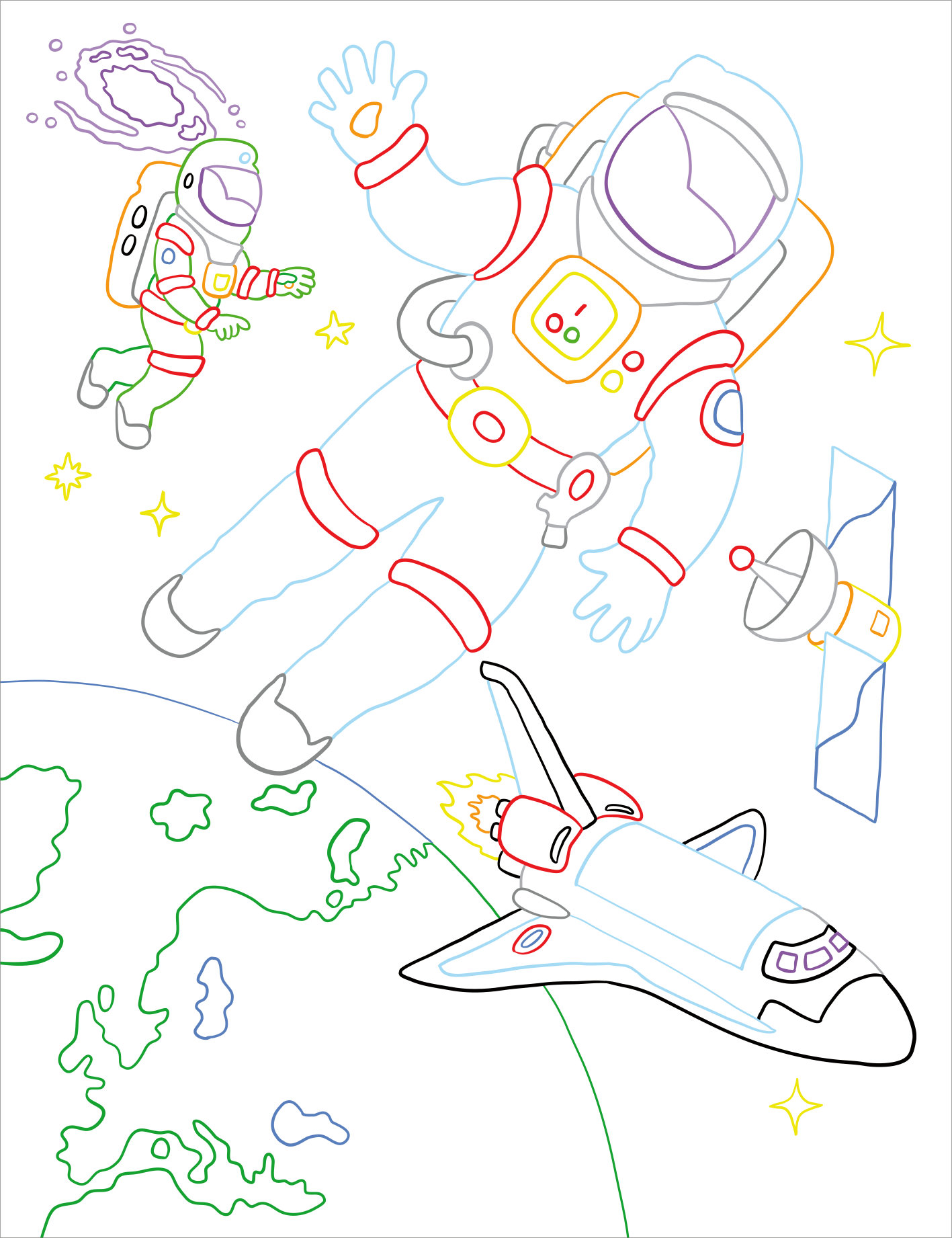 Gezeigt wird eine Innen- oder Zusatzansicht von „Zauberbilder – Weltall“. Die Illustration zeigt Astronauten in verschiedenen Positionen, die in einem farbenfrohen Raumschiff und umgeben von leuchtenden Sternen und Planetendarstellungen schweben. Die Strichzeichnungen sind in lebhaften Farben wie Blau, Rot, Grün und Gelb gehalten. Die Typografie ist kindgerecht und klar, um die fantasievolle Atmosphäre des Weltraums zu unterstreichen.