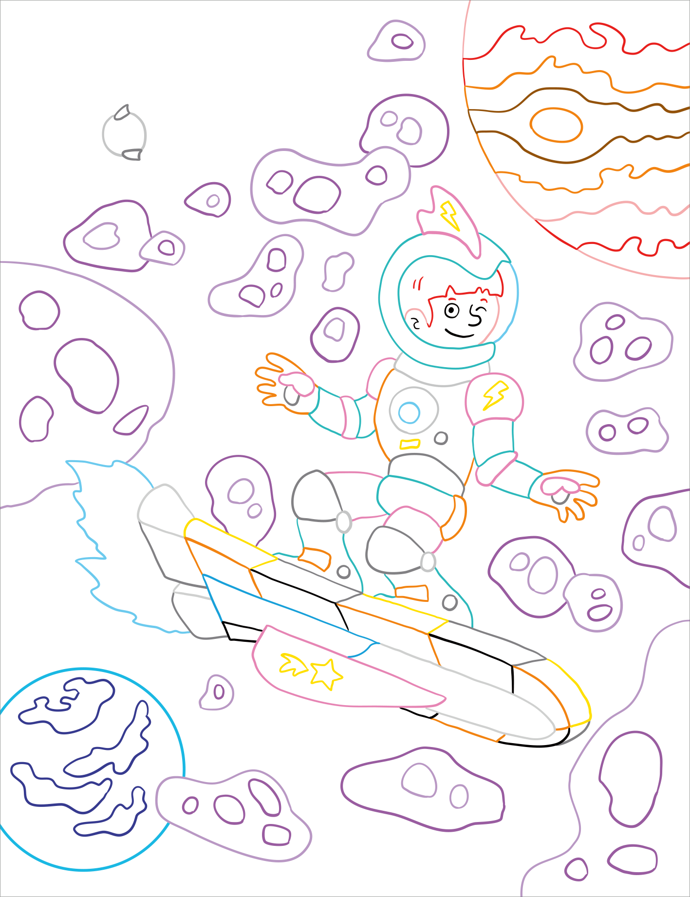 Gezeigt wird eine Innen- oder Zusatzansicht von „Zauberbilder – Weltall“. Die Illustration zeigt einen fröhlichen Astronauten in einem Raumanzug mit blauen und gelben Details, der auf einem futuristischen Raumfahrzeug schwebt. Um ihn herum sind bunte Asteroiden und Planeten in sanften Pastellfarben dargestellt, die eine fantasievolle Weltraumatmosphäre schaffen. Die Verwendung einfacher, klarer Linien und eine verspielte Schriftart unterstreichen den kindgerechten Charakter des Designs.