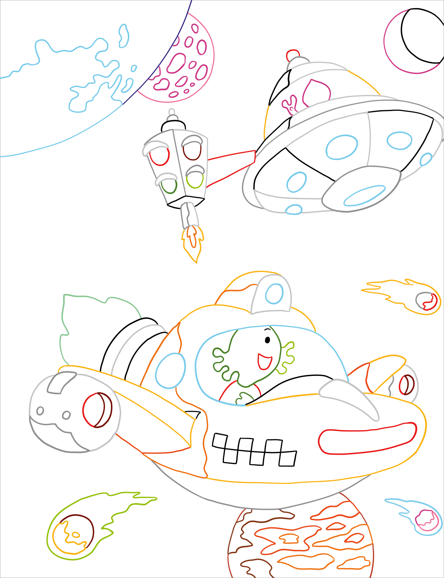 Gezeigt wird eine Innen- oder Zusatzansicht von „Zauberbilder – Weltall“. Die Illustration zeigt ein farbenfrohes, cartoonhaftes Raumschiff mit einem fröhlichen Piloten. Umgeben wird das Gefährt von stilisierten Planeten in lebhaften Farben wie Blau, Lila und Rosa sowie kometenhaften Objekten. Die Zeichnung verwendet klare, dicke Linien und ein schlichtes, verspieltes Design, das die kindliche Fantasie anregt. Die Typografie bleibt einfach und gut lesbar.