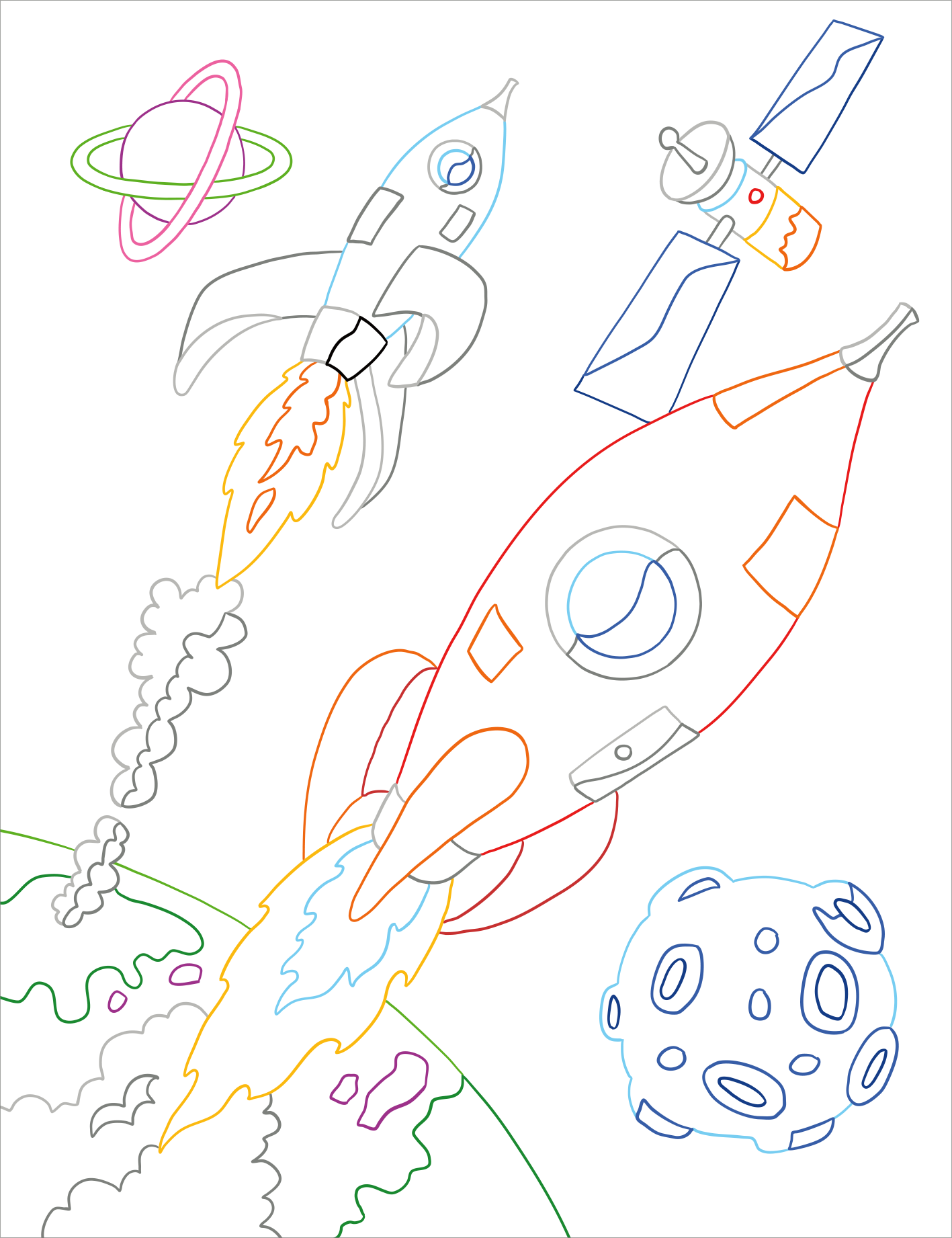 Gezeigt wird eine Innen- oder Zusatzansicht von „Zauberbilder – Weltall“. Die Illustration zeigt eine fantasievolle Weltraumszene mit bunten Raketen, die aus der Erde starten. Eine hellblaue Rakete mit orangefarbenen Akzenten und eine graue Rakete sind zentral platziert. Umgeben sind sie von einem Asteroiden, Planetensymbolen und einer futuristischen Satellitendarstellung. Die Farben sind leuchtend und einladend, während die Typografie für beschreibende Texte in klarer, gut lesbarer...