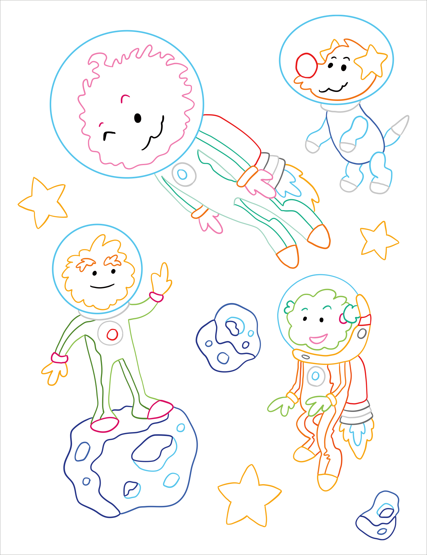 Gezeigt wird eine Innen- oder Zusatzansicht von „Zauberbilder – Weltall“. Die Illustration zeigt vier fröhliche Figuren in Raumanzügen, die durch den Weltraum schweben. Farbliche Elemente sind sanfte Pastelltöne in Grün, Blau, Pink und Gelb, umrahmt von klaren Linien. Die Figuren haben runde Köpfe mit lächelnden Gesichtern, während sie von bunten Sternen und kleinen Asteroiden umgeben sind. Die Typografie ist verspielt und leicht lesbar, ergänzt durch liebevolle Details.