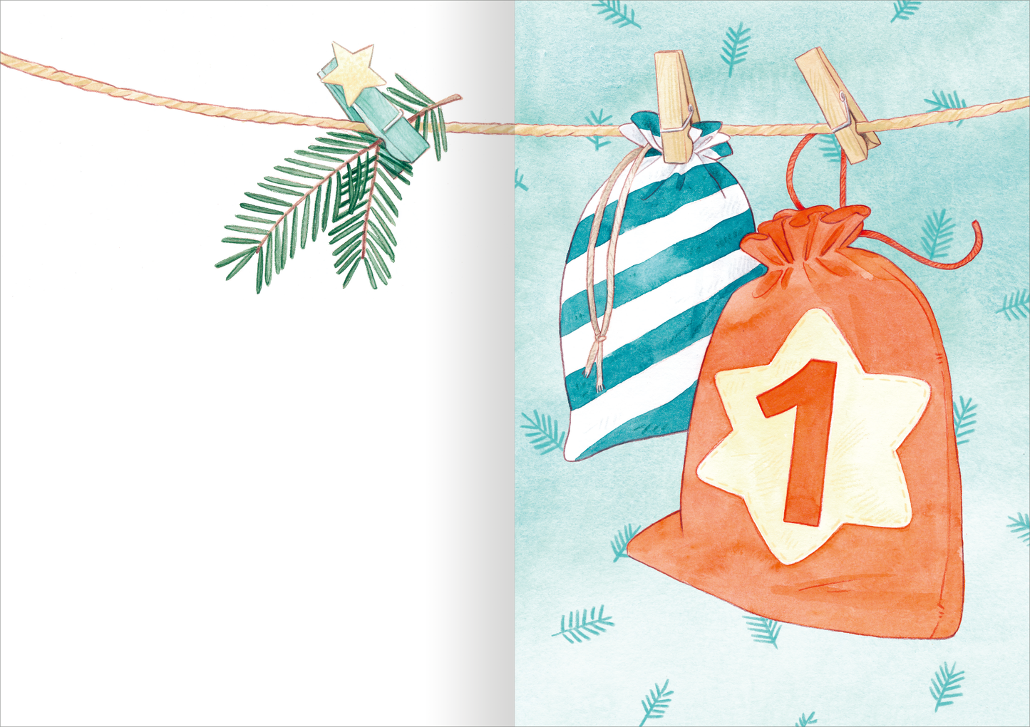 Gezeigt wird eine Innenansicht von „24 Adventsgeschichten aus dem Glockenhof“. Die Abbildung zeigt eine Schnur, an der zwei Geschenksäckchen hängen. Ein geflecktes, blau-weiß gestreiftes Säckchen und ein orangenes Säckchen mit einer weißen, sternförmigen Applikation und der Zahl „1“ in kräftiger, roter Schrift. Der Hintergrund ist in sanften Aqua-Tönen gehalten, verziert mit kleinen, grünen Tannenzweigen, die eine festliche Atmosphäre schaffen.