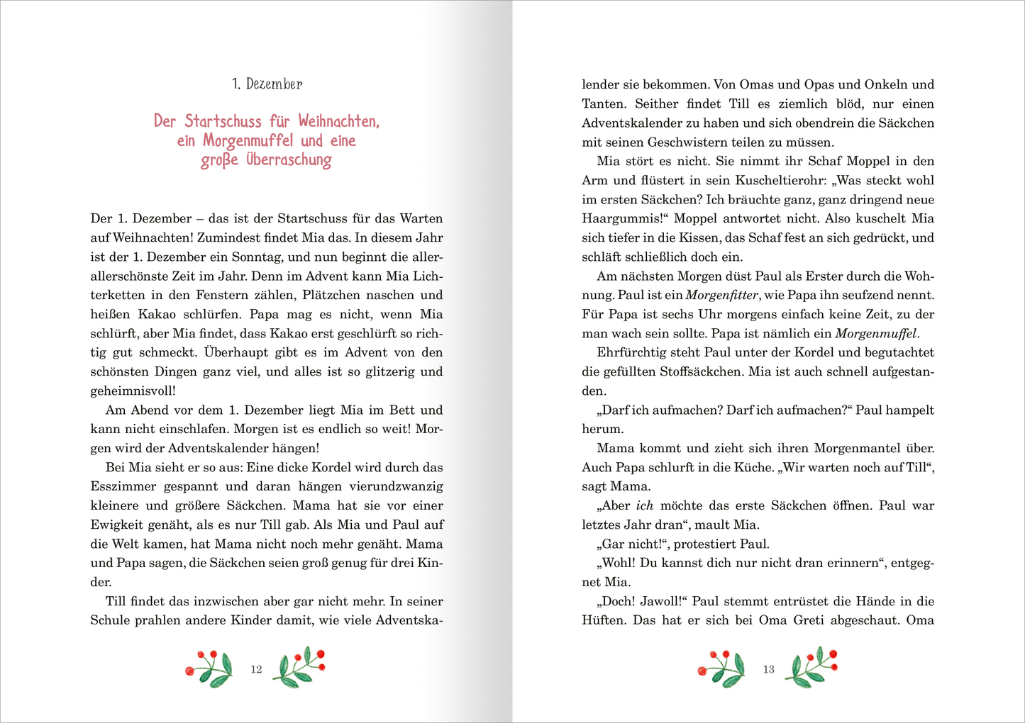 Gezeigt wird eine Innen- oder Zusatzansicht von „24 Adventsgeschichten aus dem Glockenhof“. Die Seite zeigt die erste Erzählung im Dezember mit dem Titel „Der Startschuss für Weihnachten, ein Morgenmuffel und eine große Überraschung“. Die Typografie ist klar und gut lesbar, mit einem verspielten, kindgerechten Schriftstil. Die Seiten sind hell hinterlegt, und im unteren Bereich zieren bunte, weihnachtliche Illustrationen mit Pflanzenmotiven die Texte.