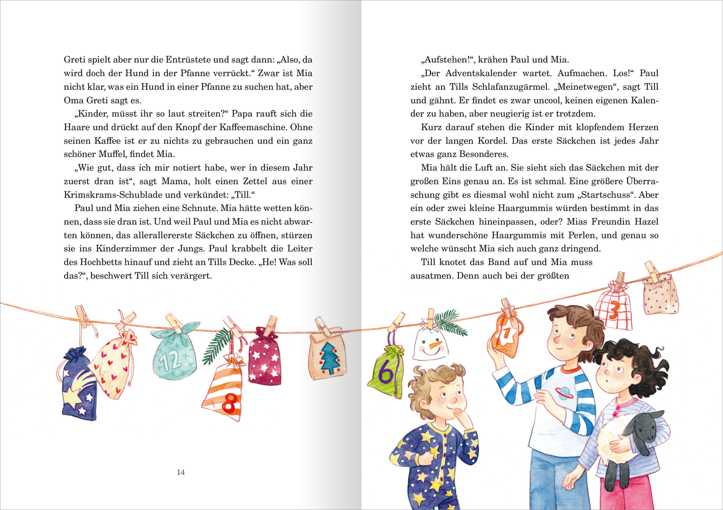 Gezeigt wird eine Innen- oder Zusatzansicht von „24 Adventsgeschichten aus dem Glockenhof“. Die Doppelseite zeigt eine lebendige Illustration mit drei Kindern, die um einen niedlichen Adventskalender stehen. Der Kalender ist bunten Beuteln mit Zahlen und festlichen Motiven versehen, die an einer Leine hängen. Auf der linken Seite ist ein Textblock in klarer, gut lesbarer Schrift, der in einer dunklen Farbe auf weißem Hintergrund gedruckt ist. Die allgemeine Farbpalette ist warm und...
