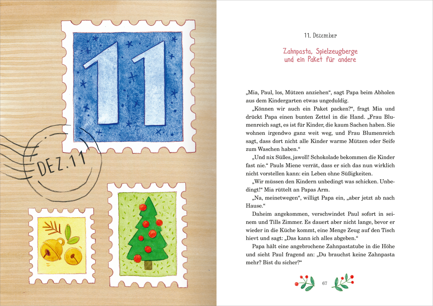 Gezeigt wird eine Innenansicht von „24 Adventsgeschichten aus dem Glockenhof“. Auf der linken Seite sind drei bunt illustrierte Briefmarken abgebildet: eine blaue mit der Zahl 11, eine mit einer Weihnachtsbaum-Darstellung und eine mit gelben Glocken. Die rechte Seite enthält einen Text auf weißem Untergrund und eine Überschrift, die in einem warmen Rotton gehalten ist. Links und rechts der Seitenzahl am unteren Rand sind Illustrationen eines Stechpalmenzweigs.