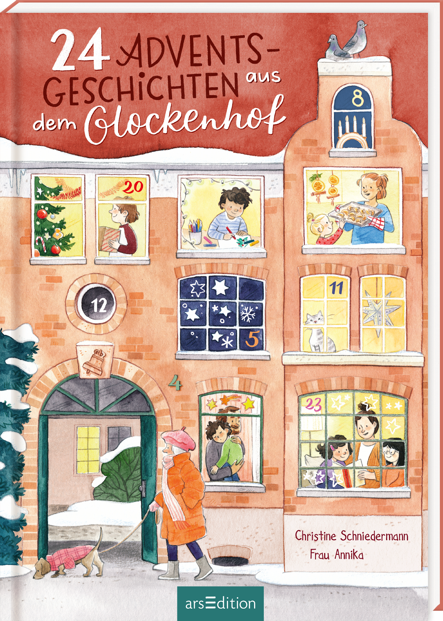 Das Buchcover zeigt ein rotes Backsteingebäude mit 24 adventlichen Fenstern, die fröhlich dekoriert sind. In einigen Fenstern sind Kinder und Tiere zu sehen, die weihnachtliche Aktivitäten ausführen. Die Schrift „24 ADVENTSGESCHICHTEN aus dem GLOCKENHOF“ ist prominent platziert, in verspielter, weißer Typografie. Im unteren Bereich des Covers befindet sich der Autorenname „Christine Schneidermann“ und „Frau Annika“. Ein kleiner „SPIEGEL-Bestseller“-Button ist ebenfalls zu...